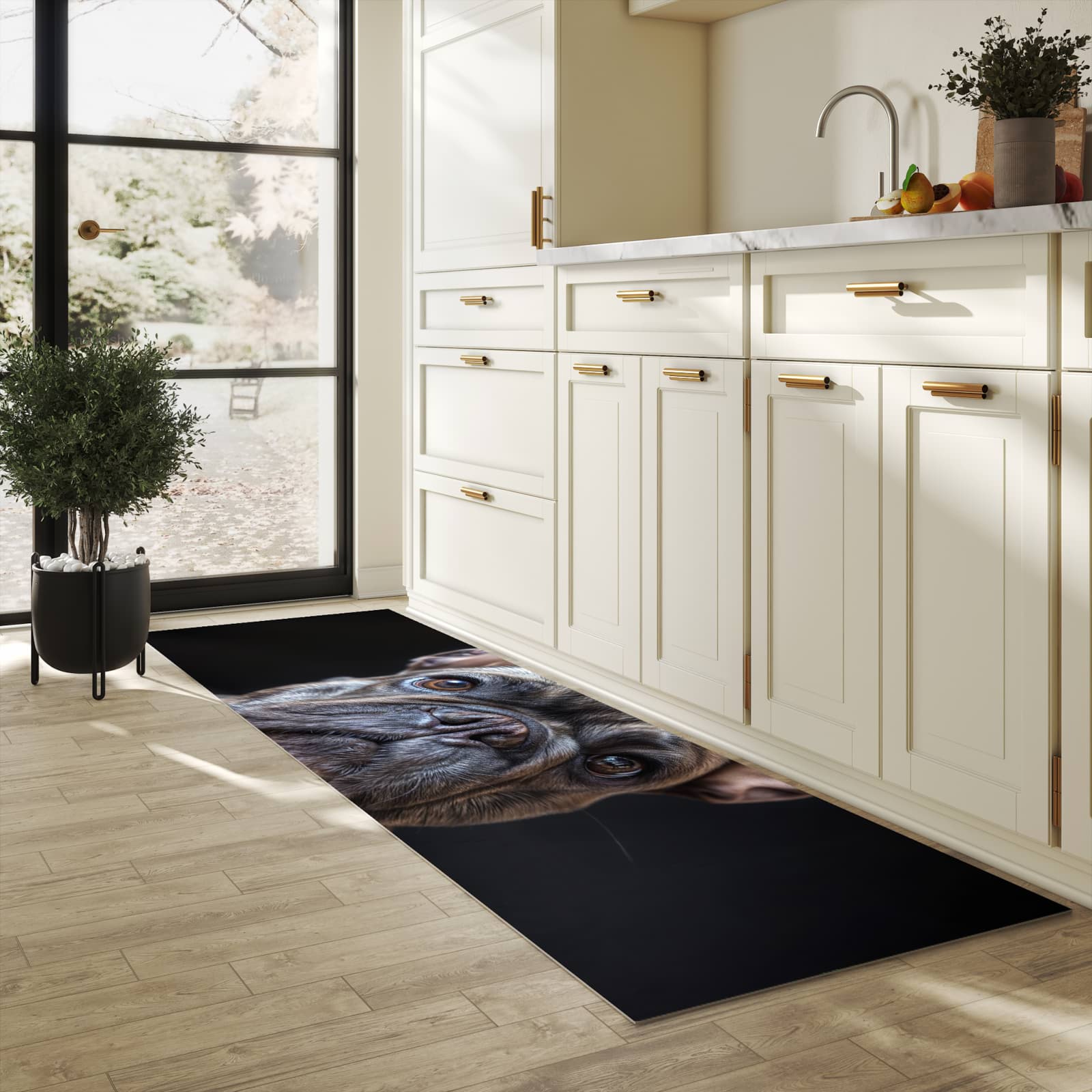 Pflegeleichter waschbarer Küchenläufer mit Motiv Bulldoggenportrait in heller Küche