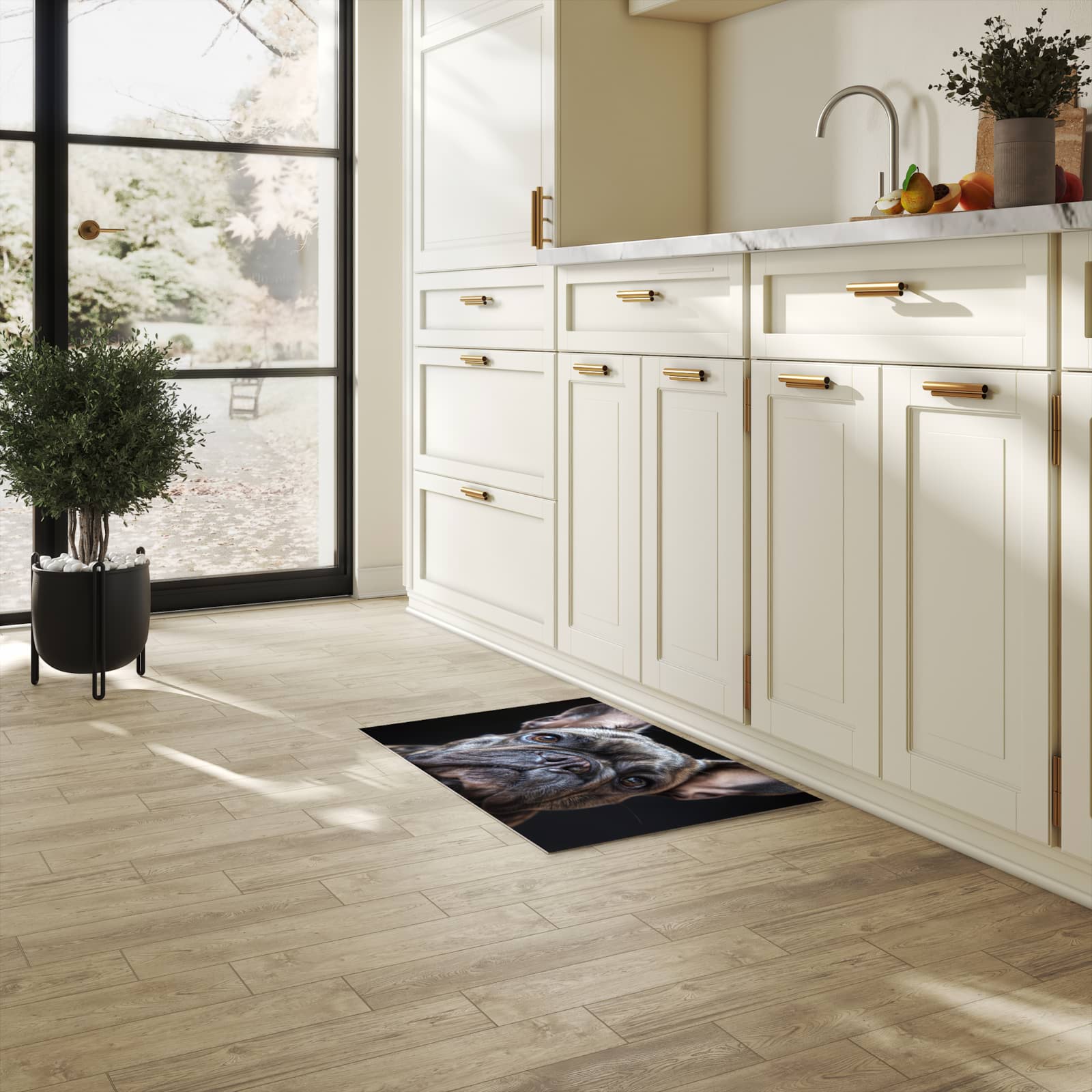 Geruchsneutraler rutschfester Küchenläufer mit Motiv Bulldoggenportrait in heller Küche
