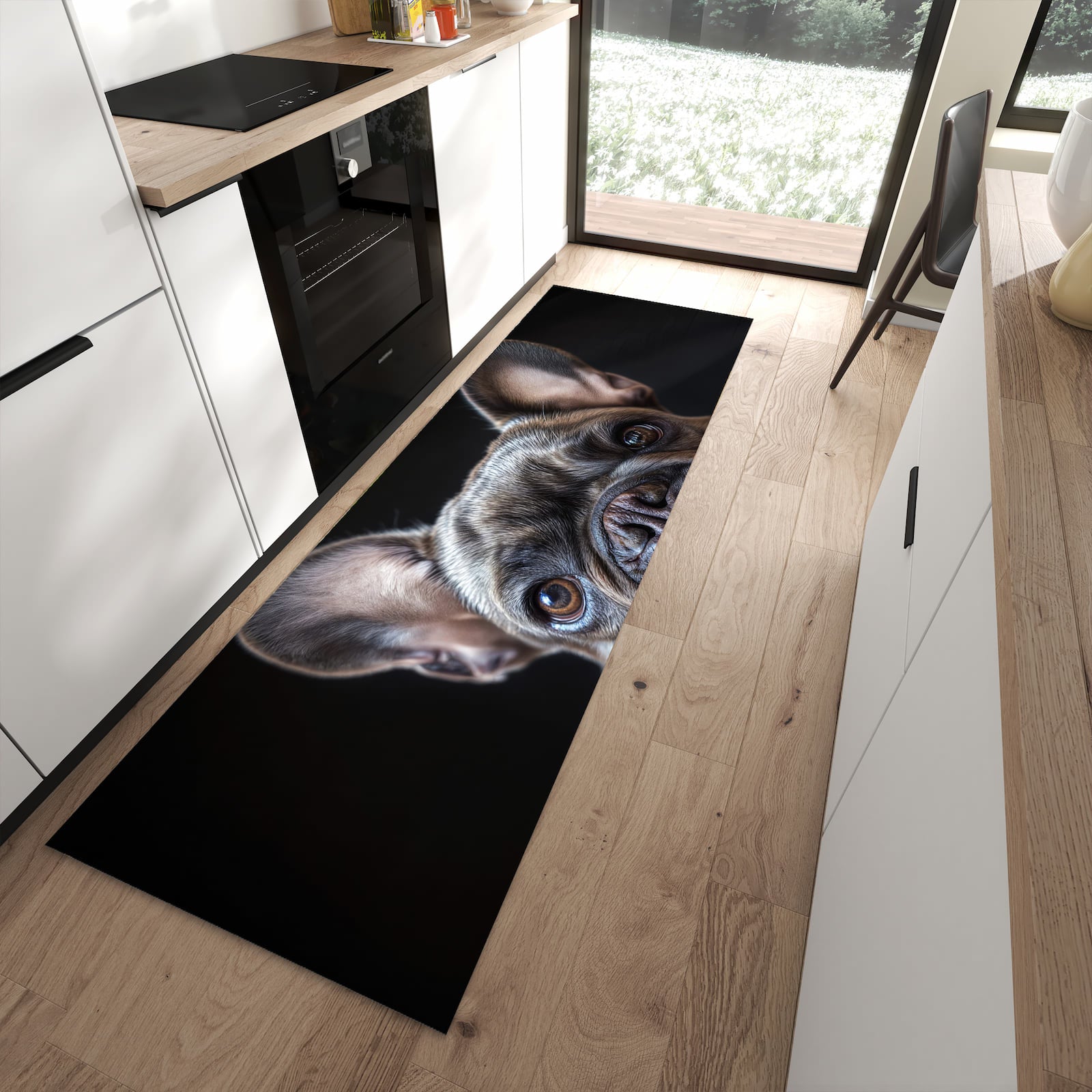 Farbbeständiger rutschfester Küchenläufer mit Motiv Bulldoggenportrait in moderner Küche