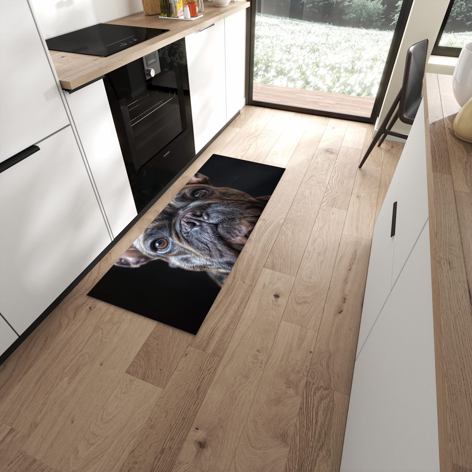 Waschbarer großer Küchenteppich mit Motiv Bulldoggenportrait in moderner Küche #grösse_60 x 150 cm