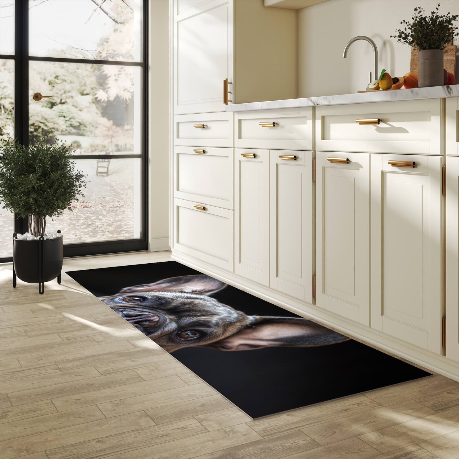 Flacher Küchenläufer nach Maß mit Motiv Bulldoggenportrait in heller Küche