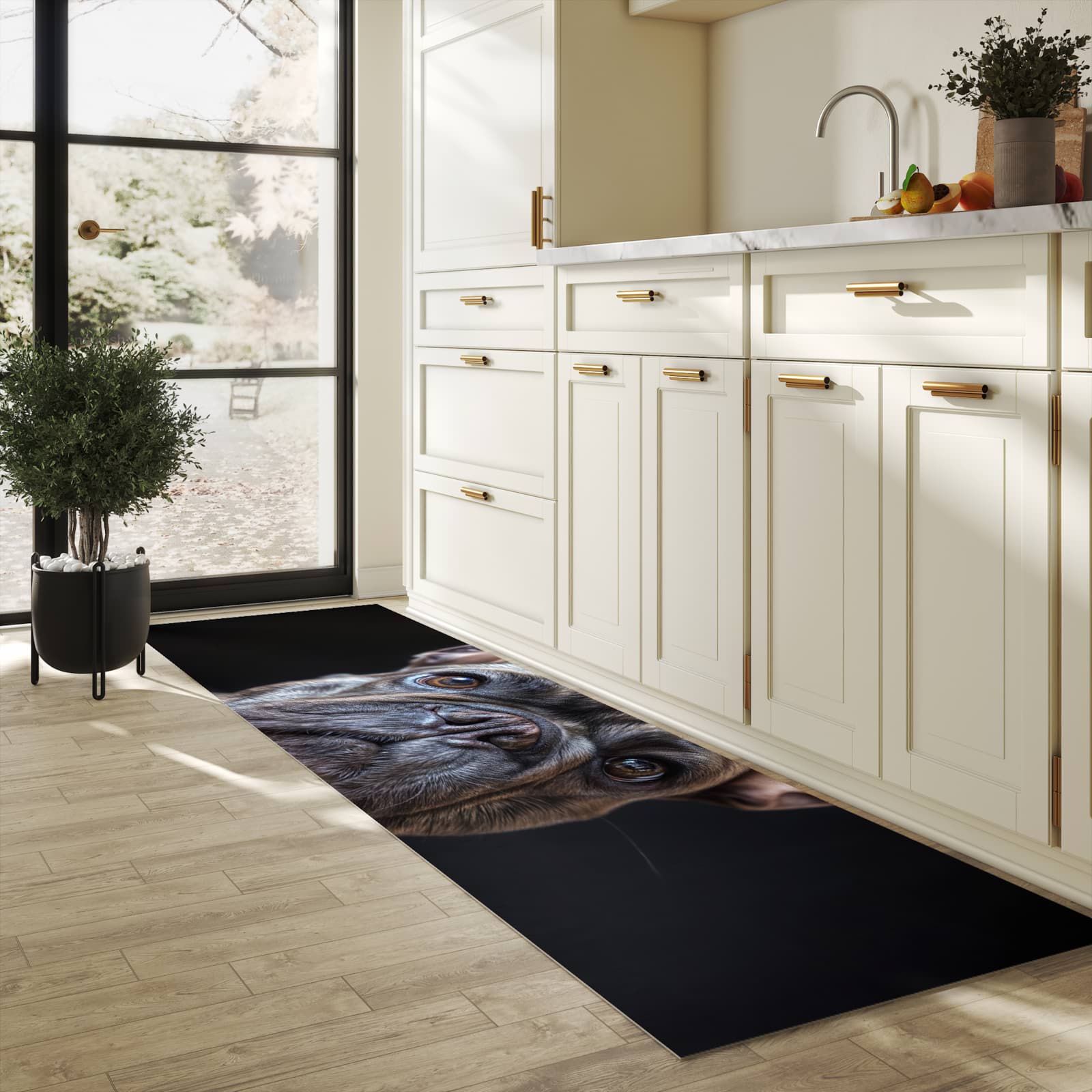 Komfortabler moderner Küchenläufer mit Motiv Bulldoggenportrait in heller Küche