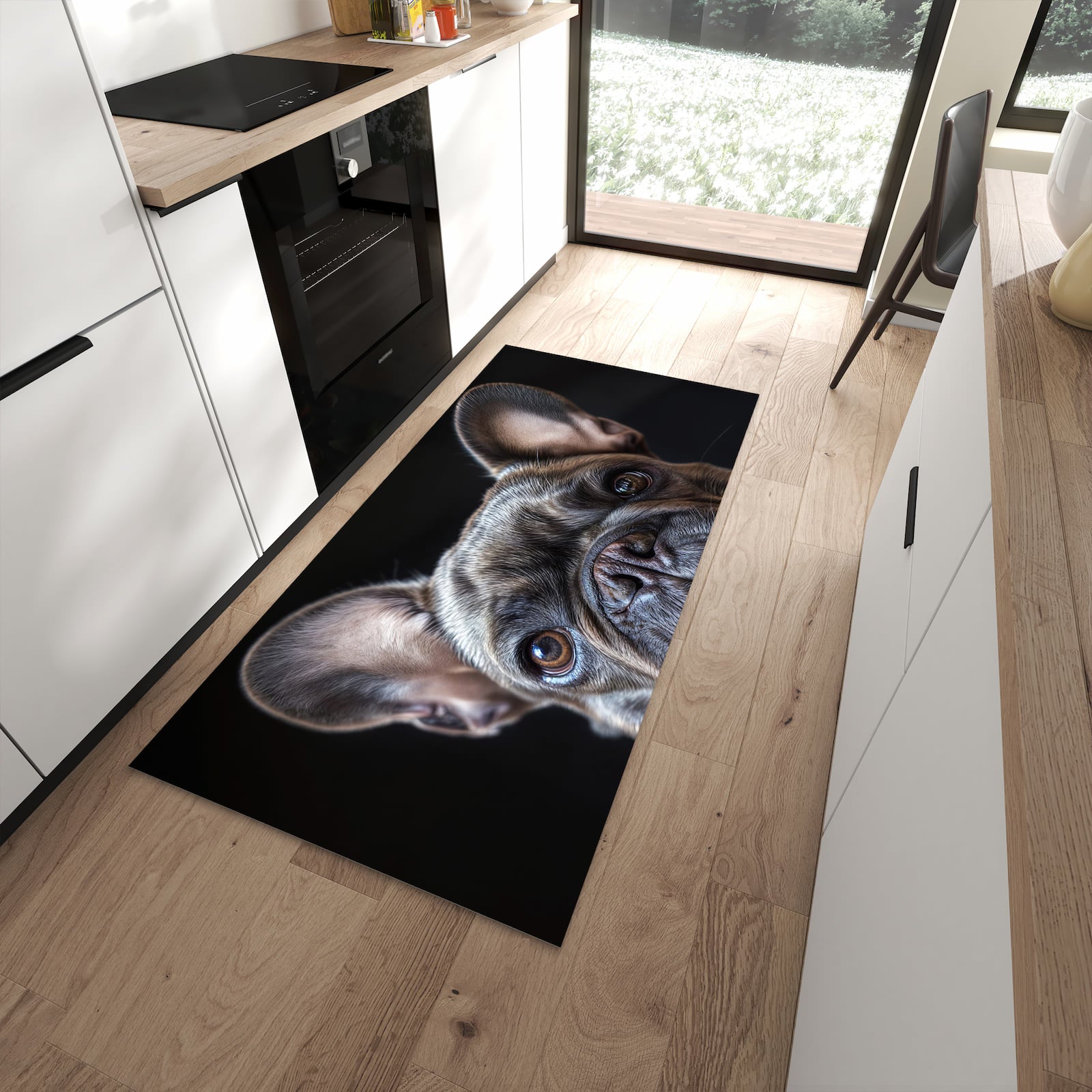 Zeitsparender rutschfester Küchenläufer mit Motiv Bulldoggenportrait in moderner Küche