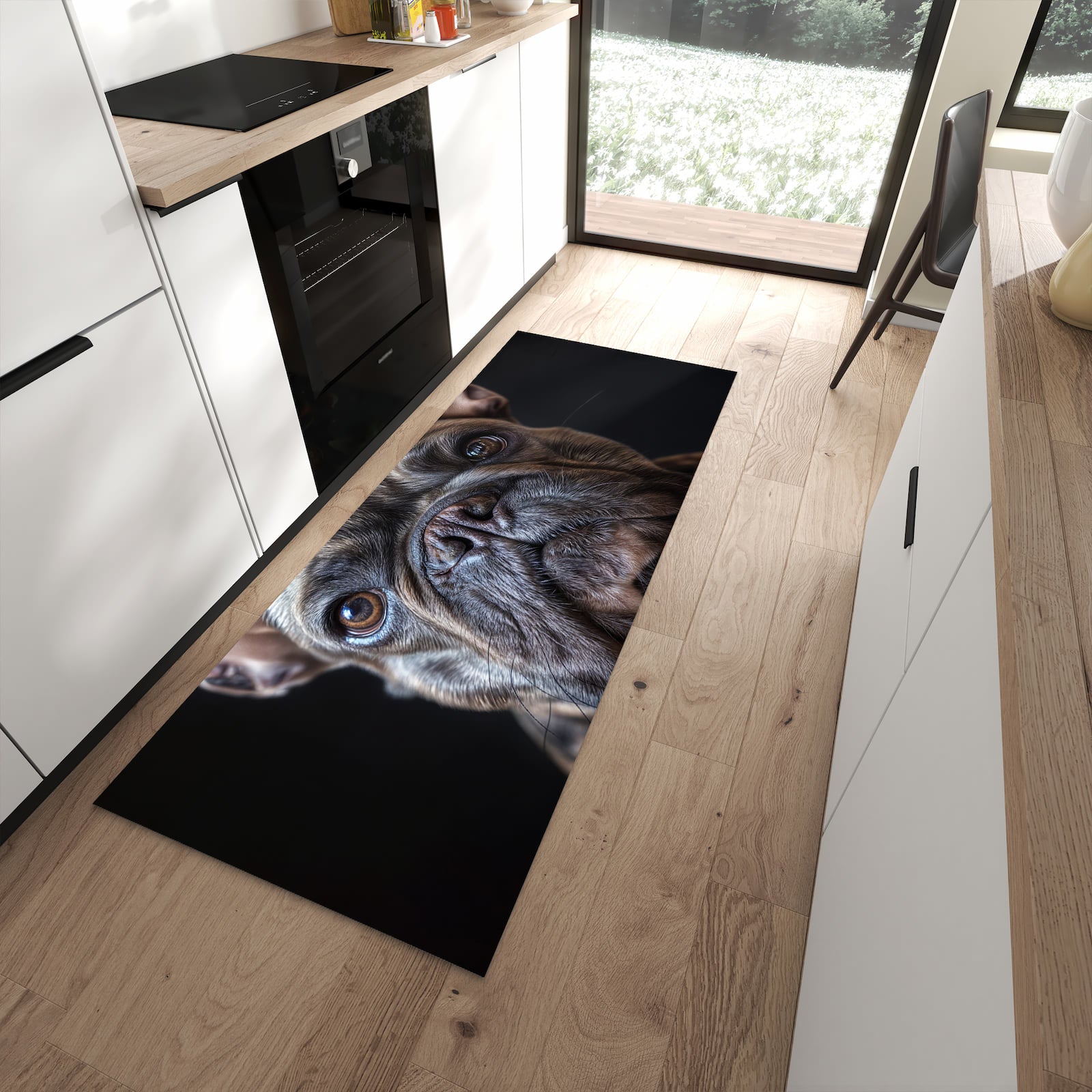 Bodenschonender Küchenläufer mit Motiv Bulldoggenportrait in moderner Küche