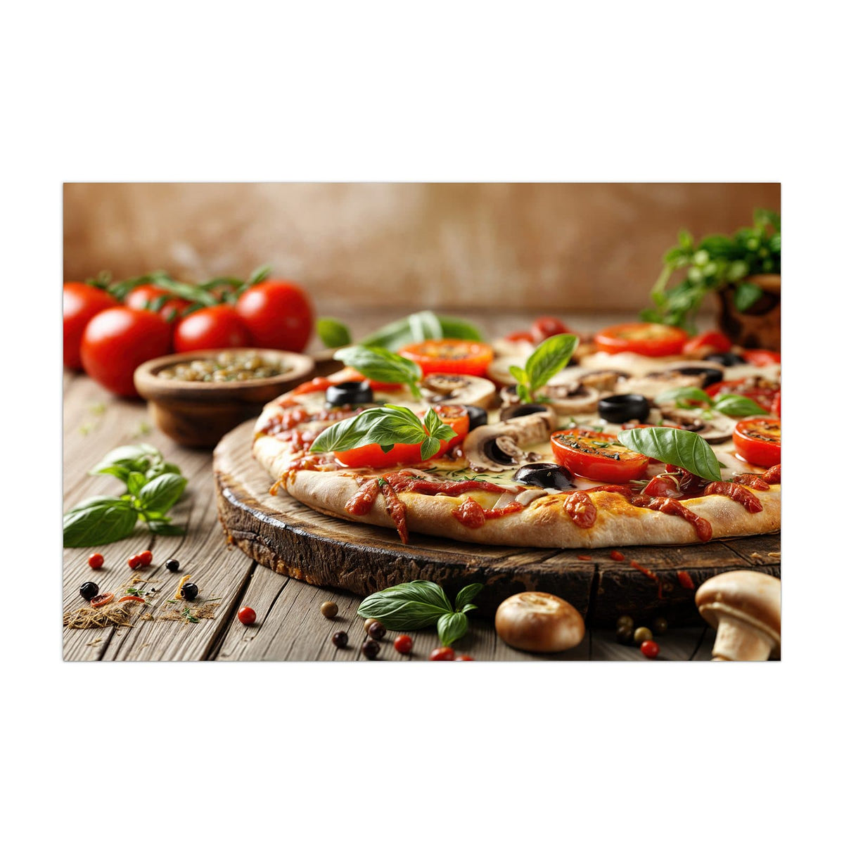 Küchenrückwand aus Glas Pizza auf Holzbrett im Hochformat, Motiv bildfüllend von vorn