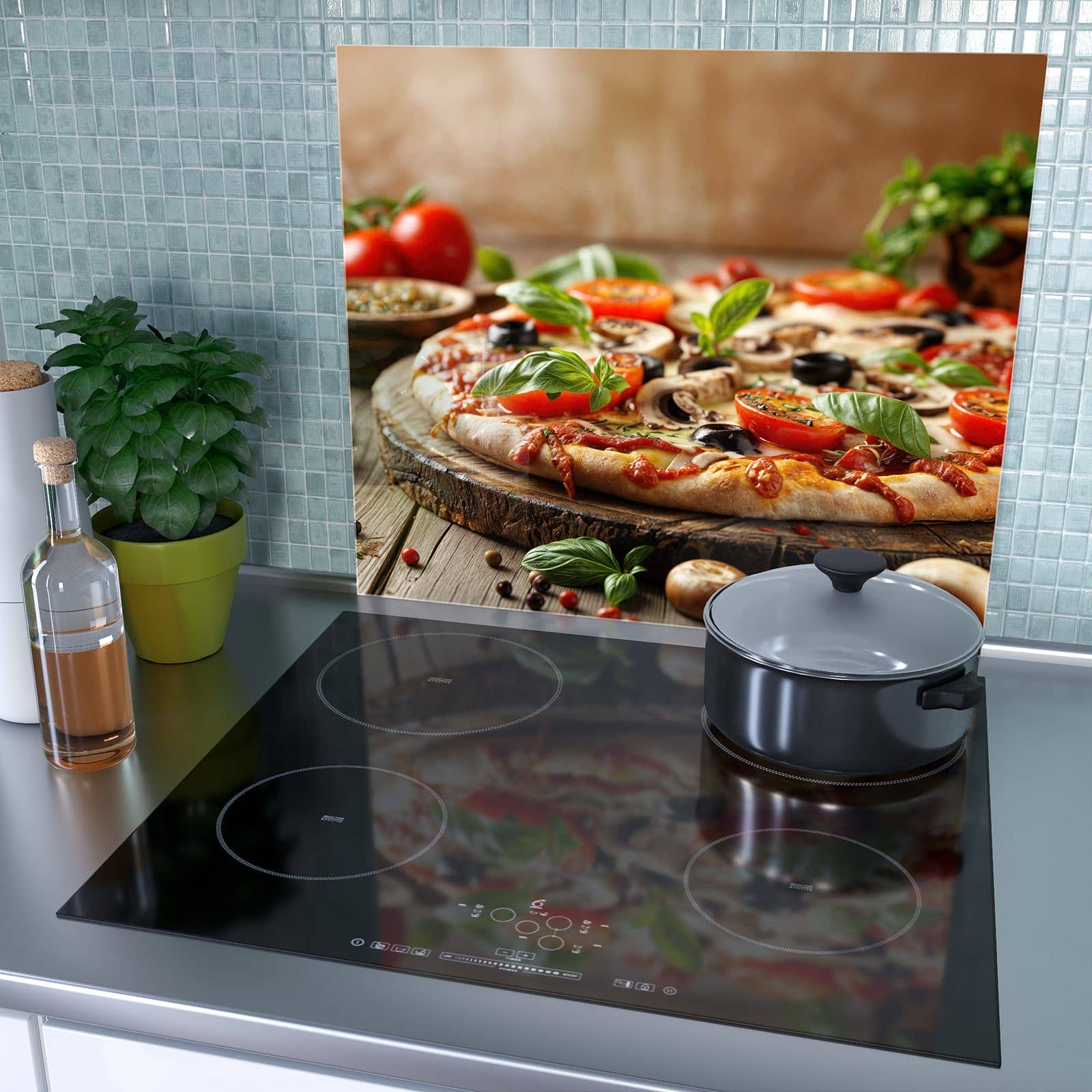 1-teilige Ceranfeld Abdeckungen mit Pizza im Holzofen-Motiv als Spritzschutz hinter dem Kochfeld