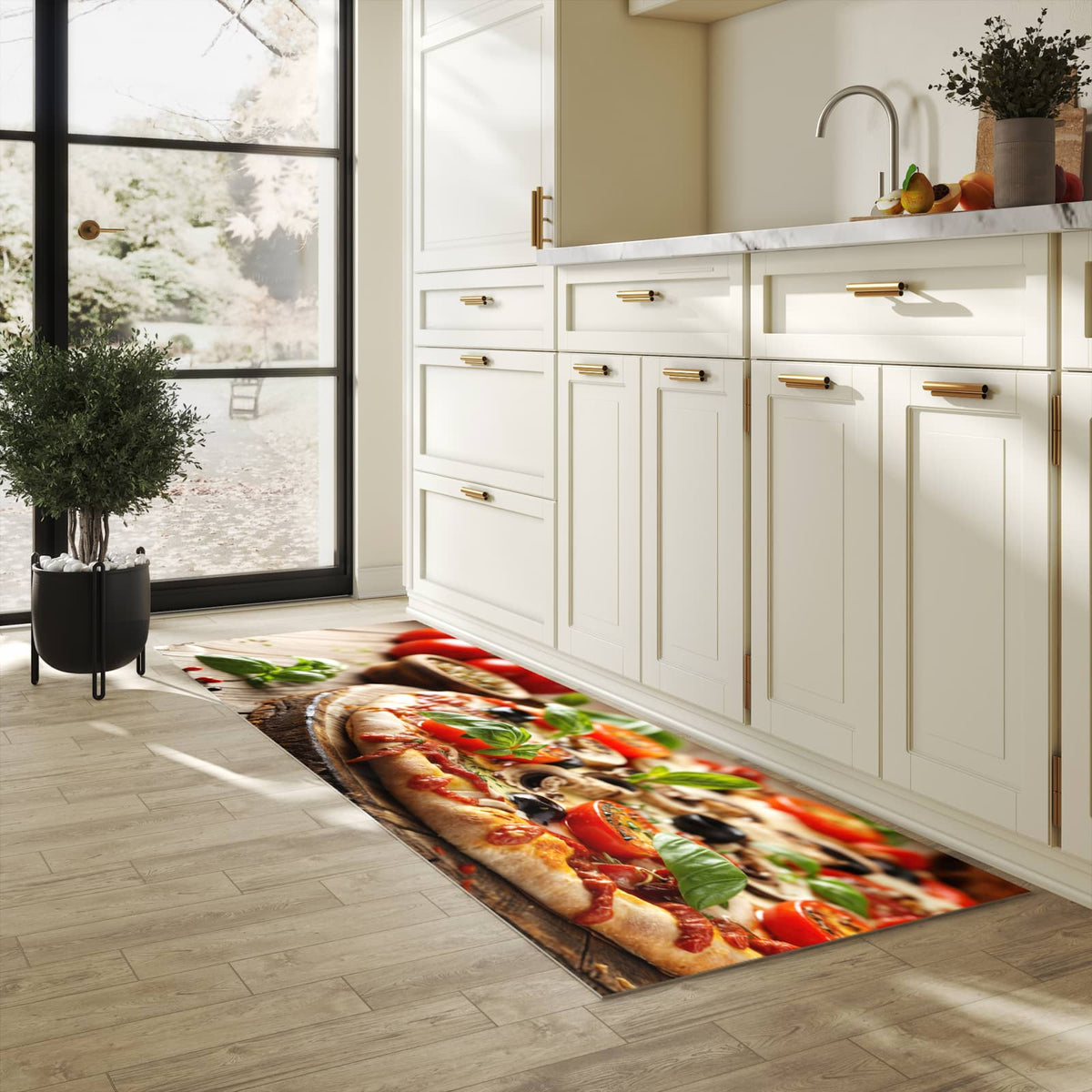 Farbbeständiger waschbarer Küchenteppich mit Motiv Pizza im Holzofen in heller Küche