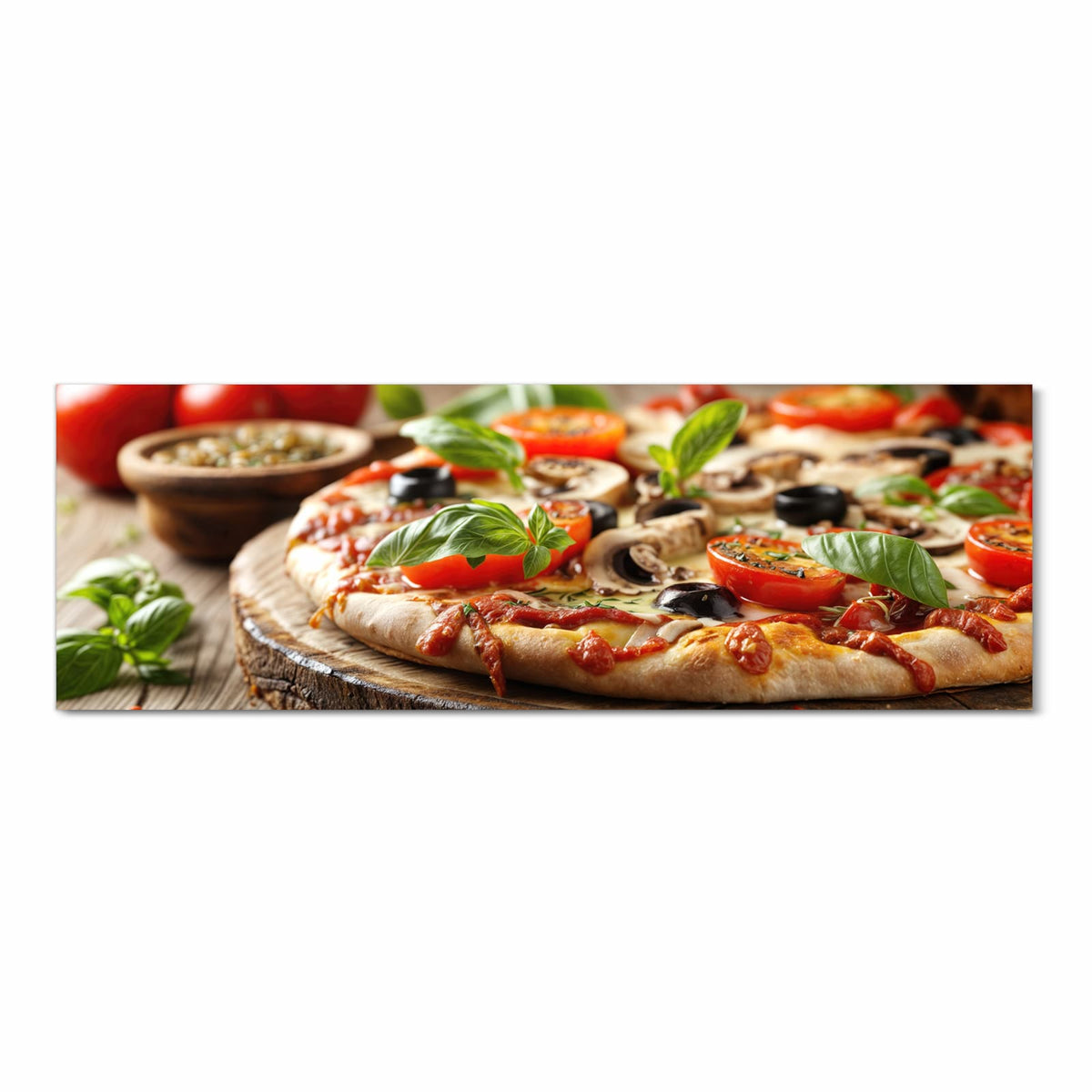 Zeitsparender Küchenteppich mit Motiv Pizza im Holzofen in Frontansicht