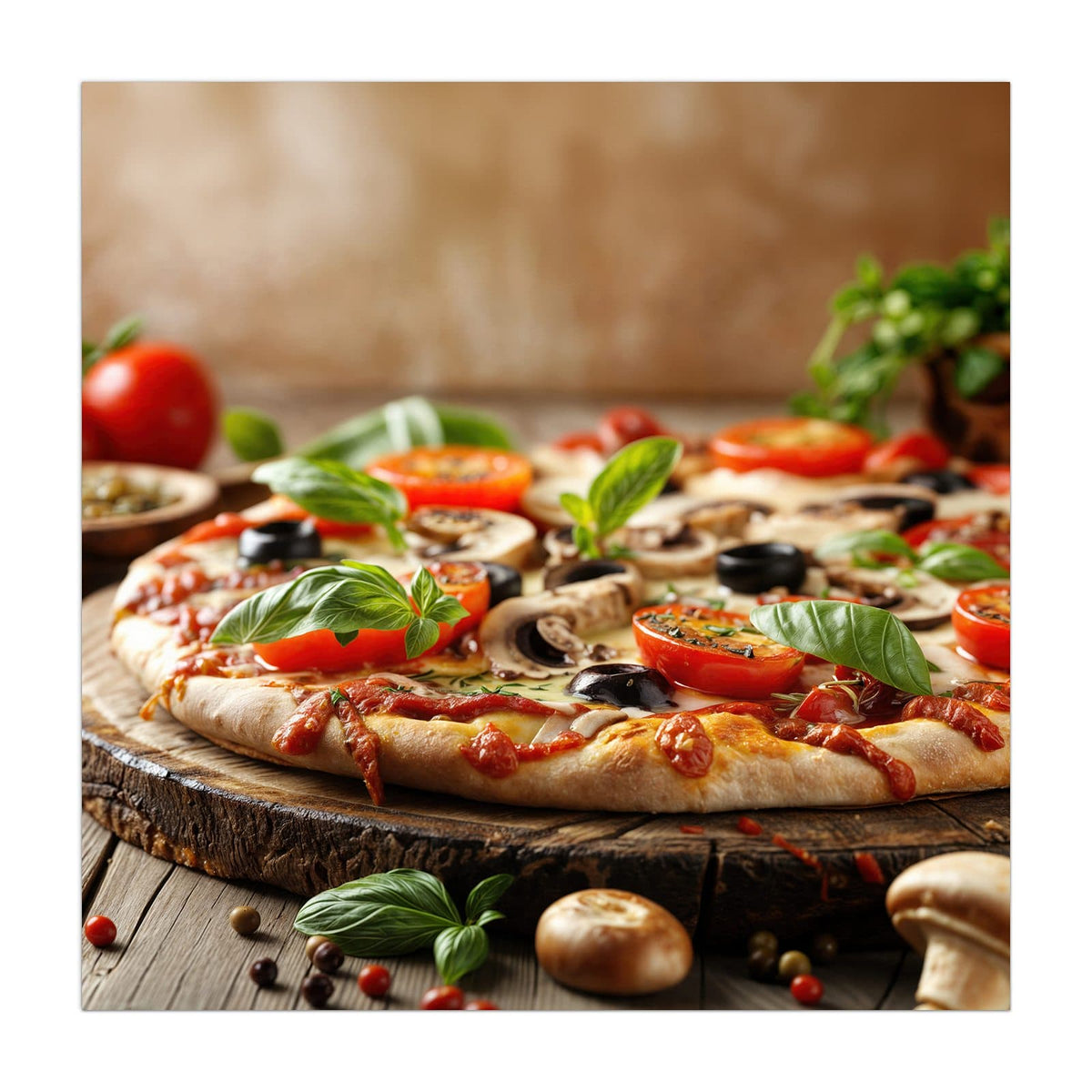 Küchenrückwand aus Glas Pizza auf Holzbrett im quadratischen Format, Motiv bildfüllend von vorn