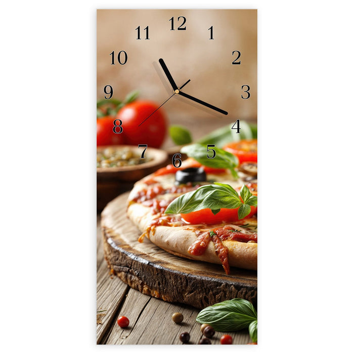 Wanduhr Pizza im Holzofen aus Glas – Hochformat 30 × 60 cm mit Ziffernblatt Klassisch