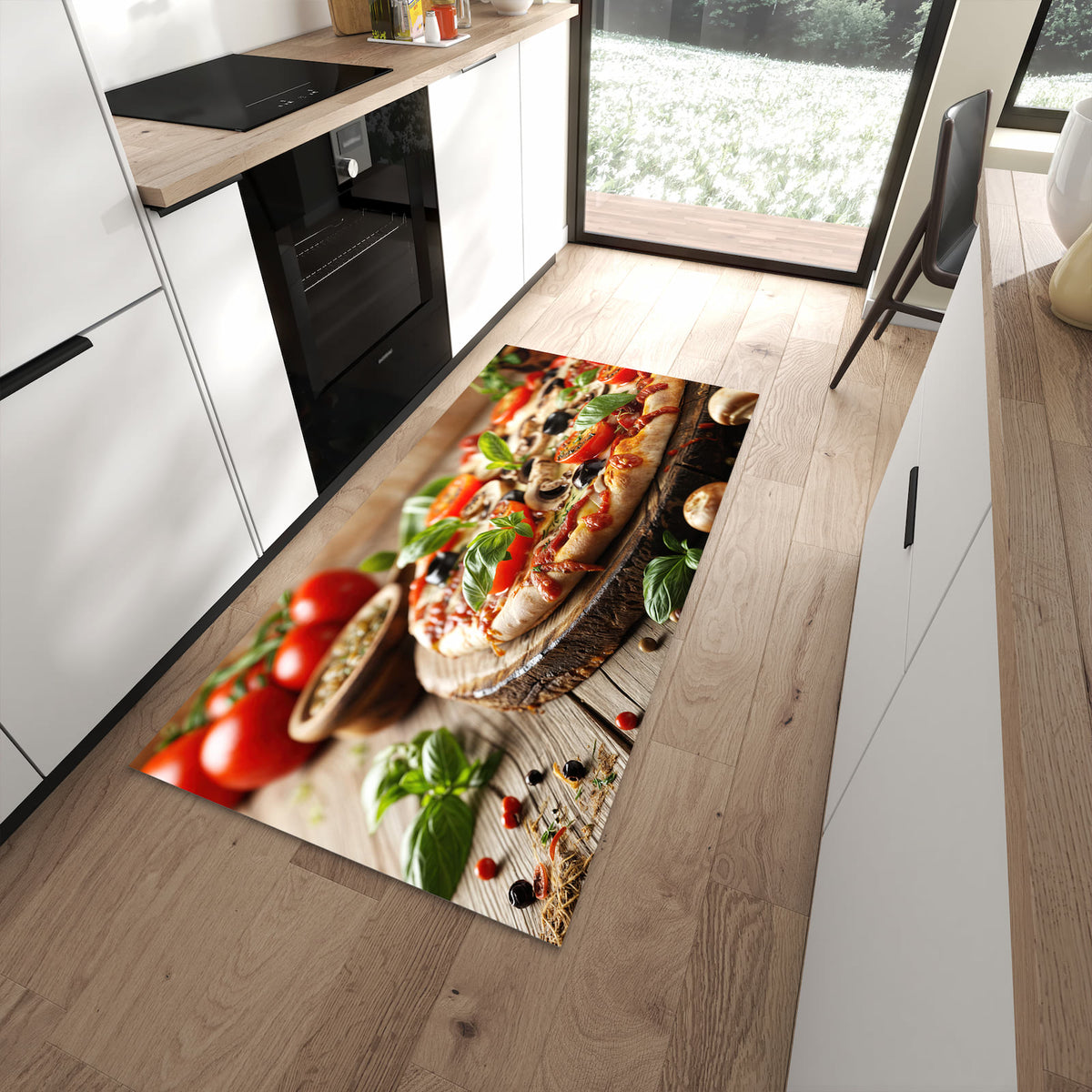 Küchenteppich mit Motiv Pizza im Holzofen für angenehme Haptik in moderner Küche