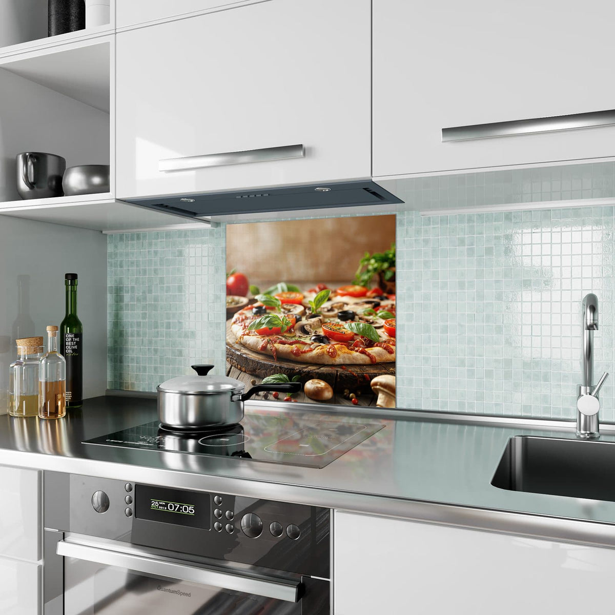Küchenrückwand Pizza auf Holzbrett aus Glas – Pizza auf rustikalem Holzbrett