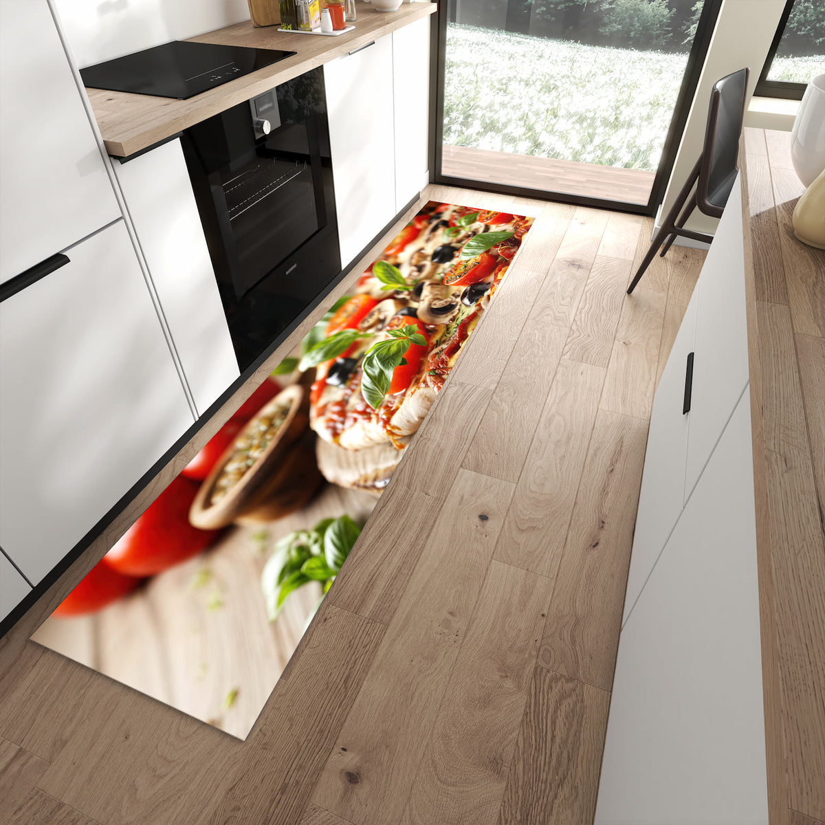 Geruchsneutraler rutschfester Küchenteppich mit Motiv Pizza im Holzofen in moderner Küche