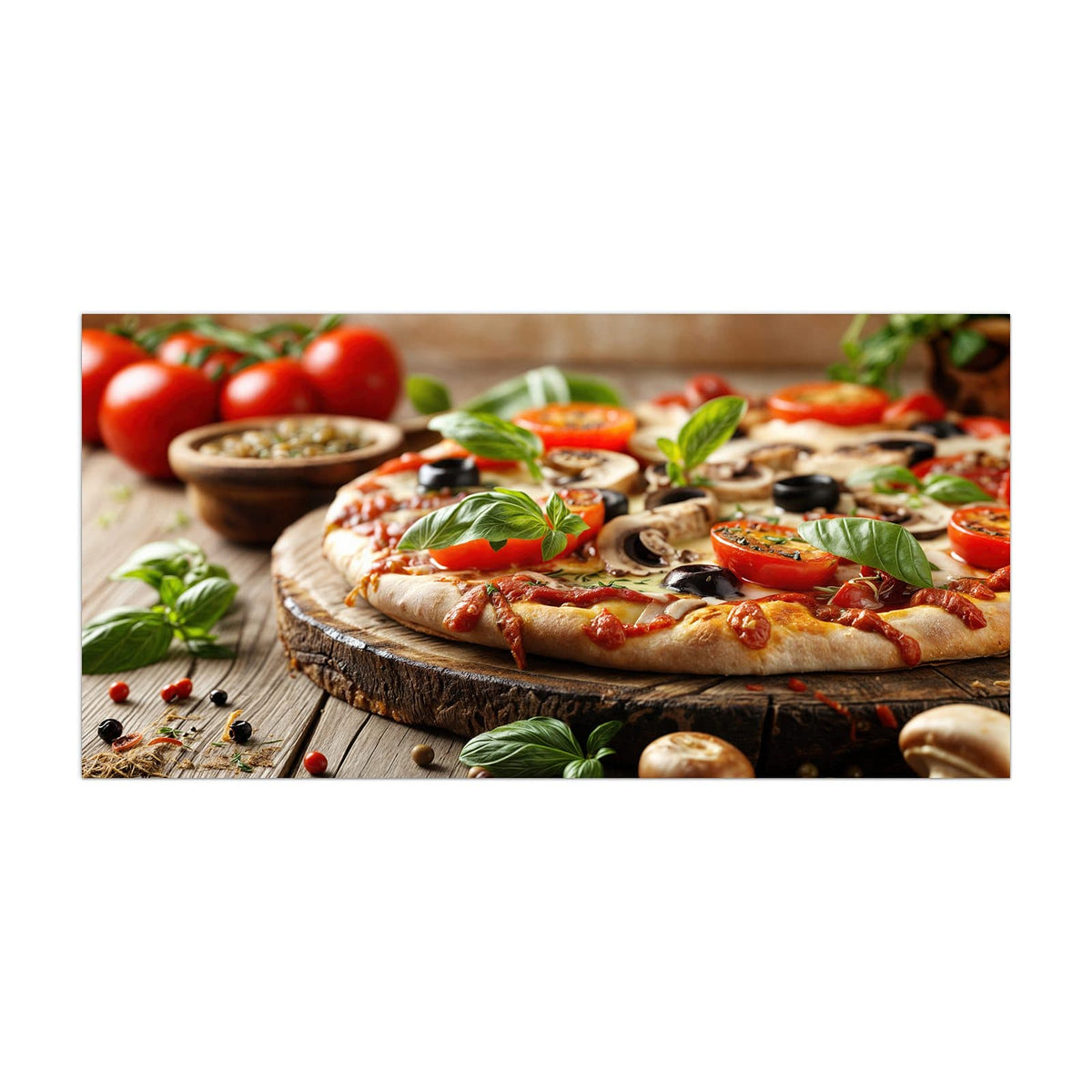 Küchenrückwand aus Glas Pizza auf Holzbrett im Hochformat, Motiv bildfüllend von vorn