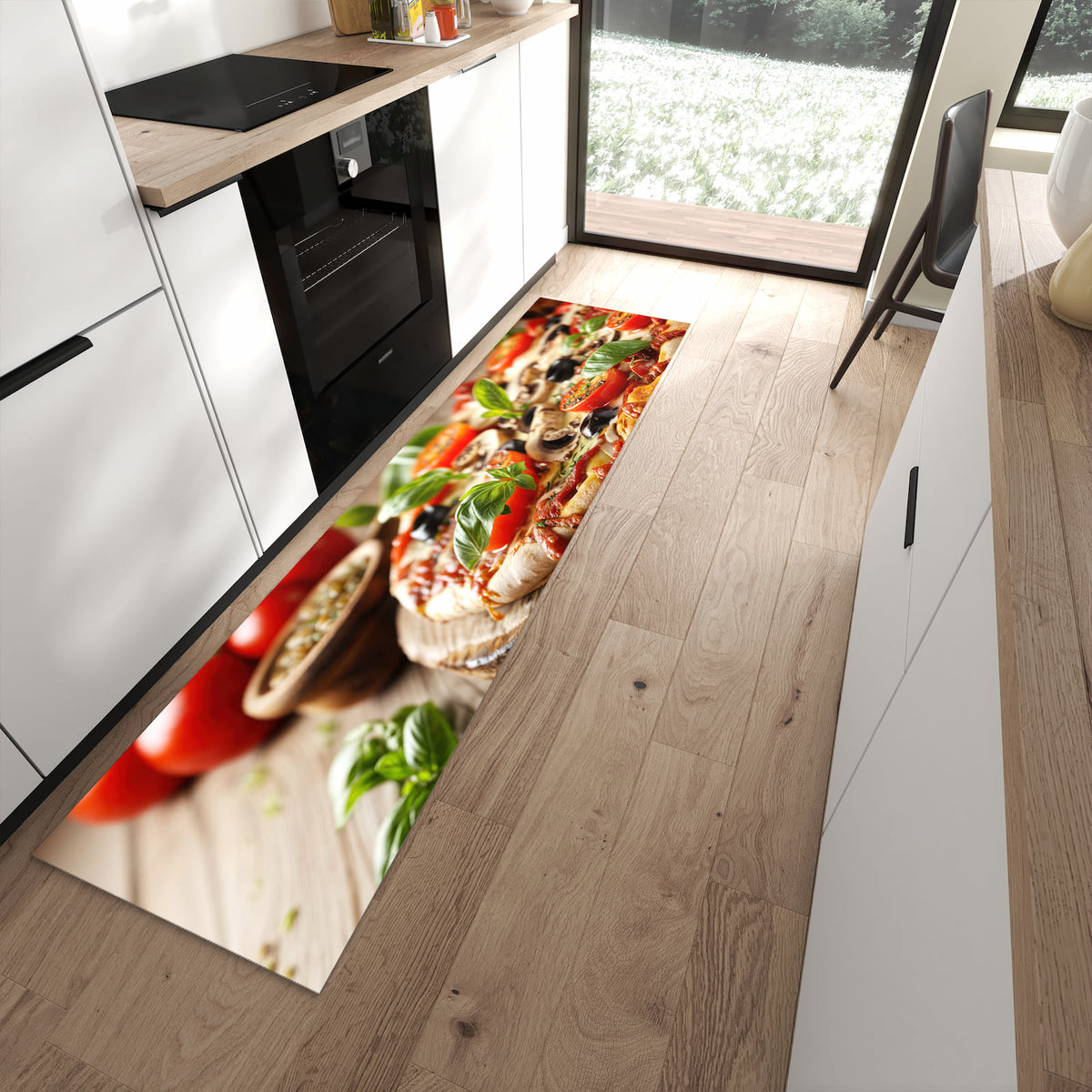 Schmutzabweisender Teppich für Esstisch mit Motiv Pizza im Holzofen in moderner Küche
