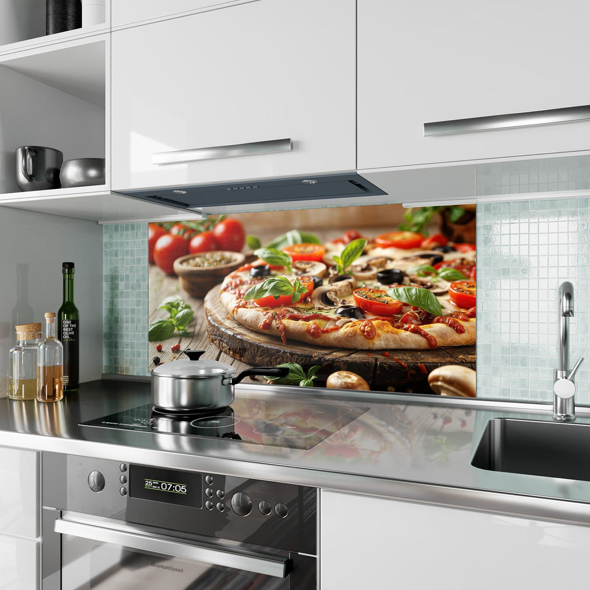 Küchenrückwand aus Glas Pizza auf Holzbrett im Hochformat als Spritzschutz hinter dem Kochfeld, über dem Fliesenspiegel montiert