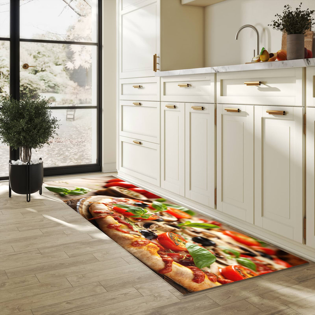 Formstabiler großer Küchenteppich mit Motiv Pizza im Holzofen in heller Küche