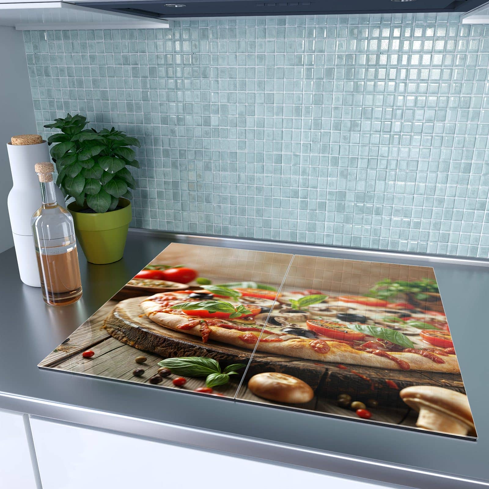 2-teilige Abdeckplatten für den Herd mit Pizza im Holzofen-Motiv auf dem Ceranfeld