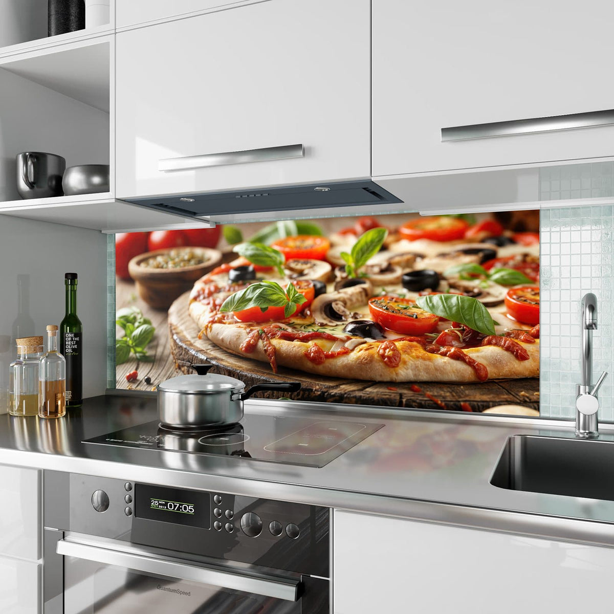 Küchenrückwand aus Glas Pizza auf Holzbrett im Hochformat als Spritzschutz hinter dem Kochfeld, über dem Fliesenspiegel montiert