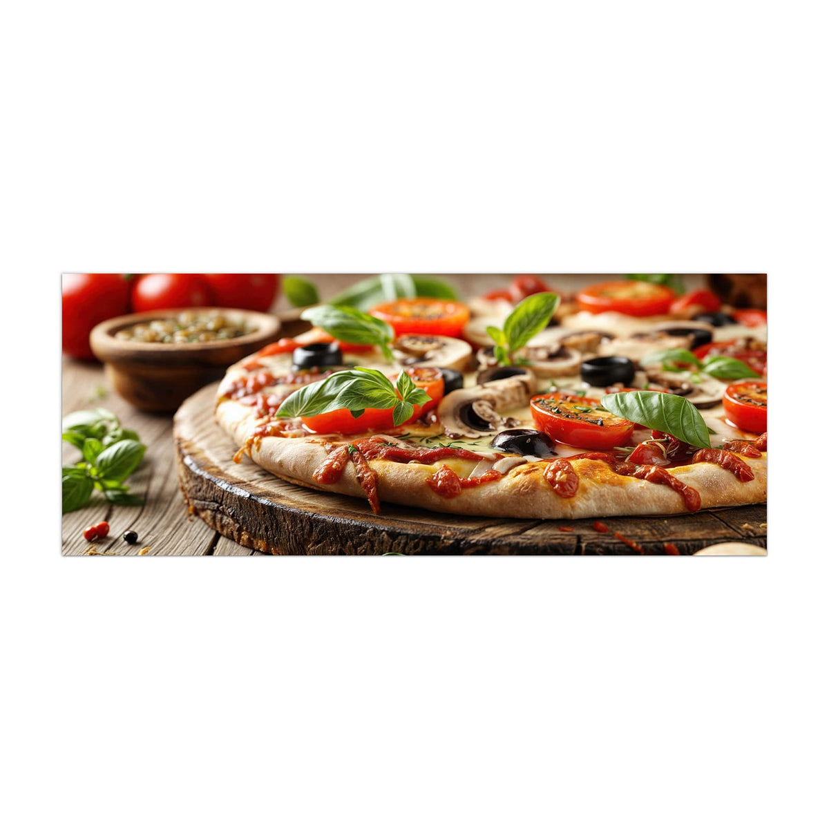 Küchenrückwand aus Glas Pizza auf Holzbrett im Hochformat, Motiv bildfüllend von vorn