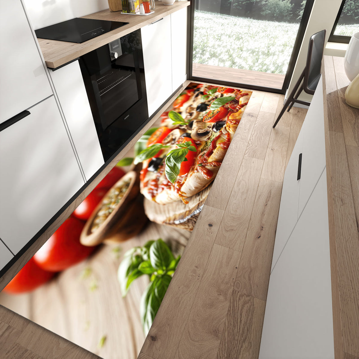 Rutschfester Küchenteppich mit Motiv Pizza im Holzofen in moderner Küche - leicht zu reinigen