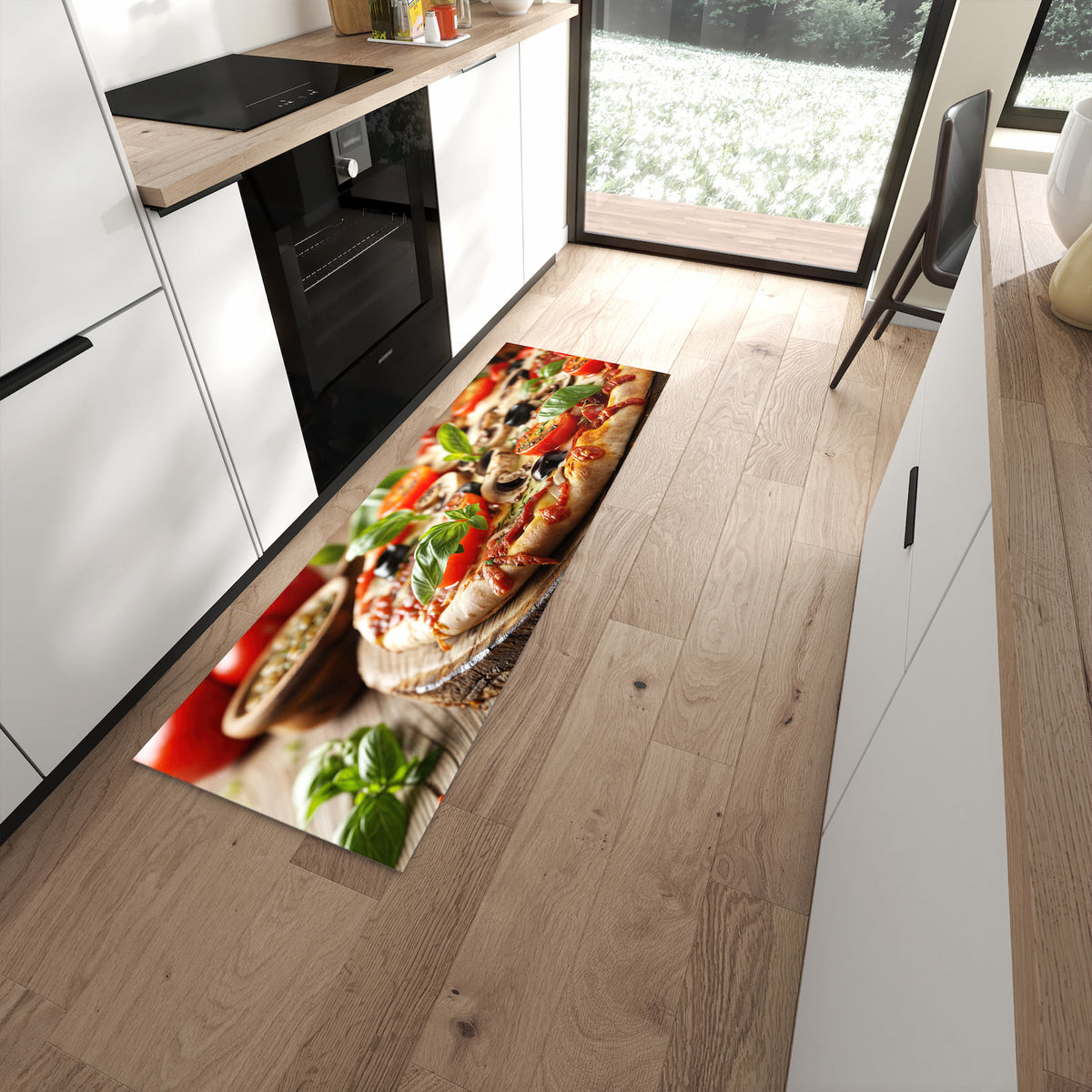 Fleckenresistenter waschbarer Teppich mit Motiv Pizza im Holzofen in moderner Küche