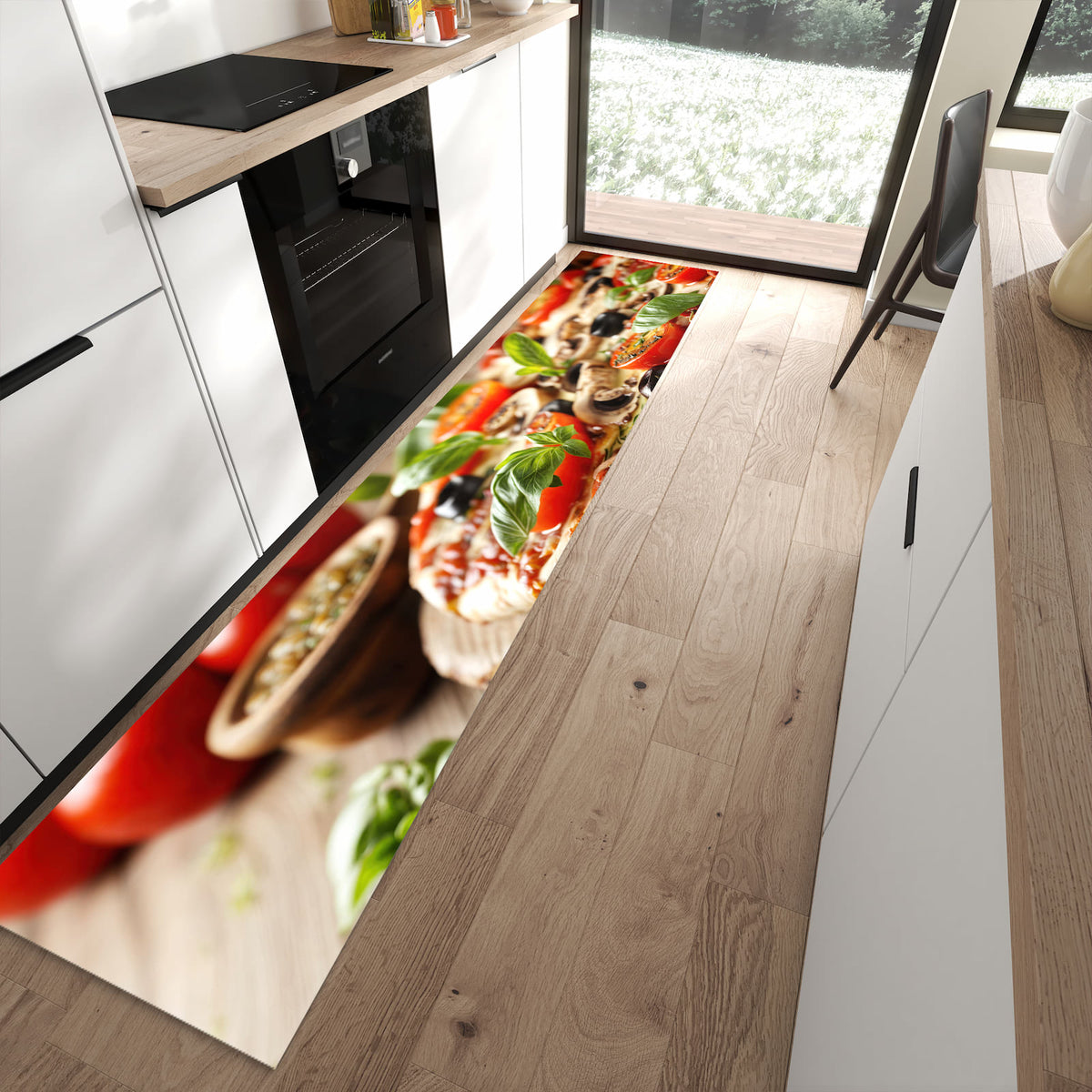 Langlebiger Bodenläufer mit Motiv Pizza im Holzofen in moderner Küche
