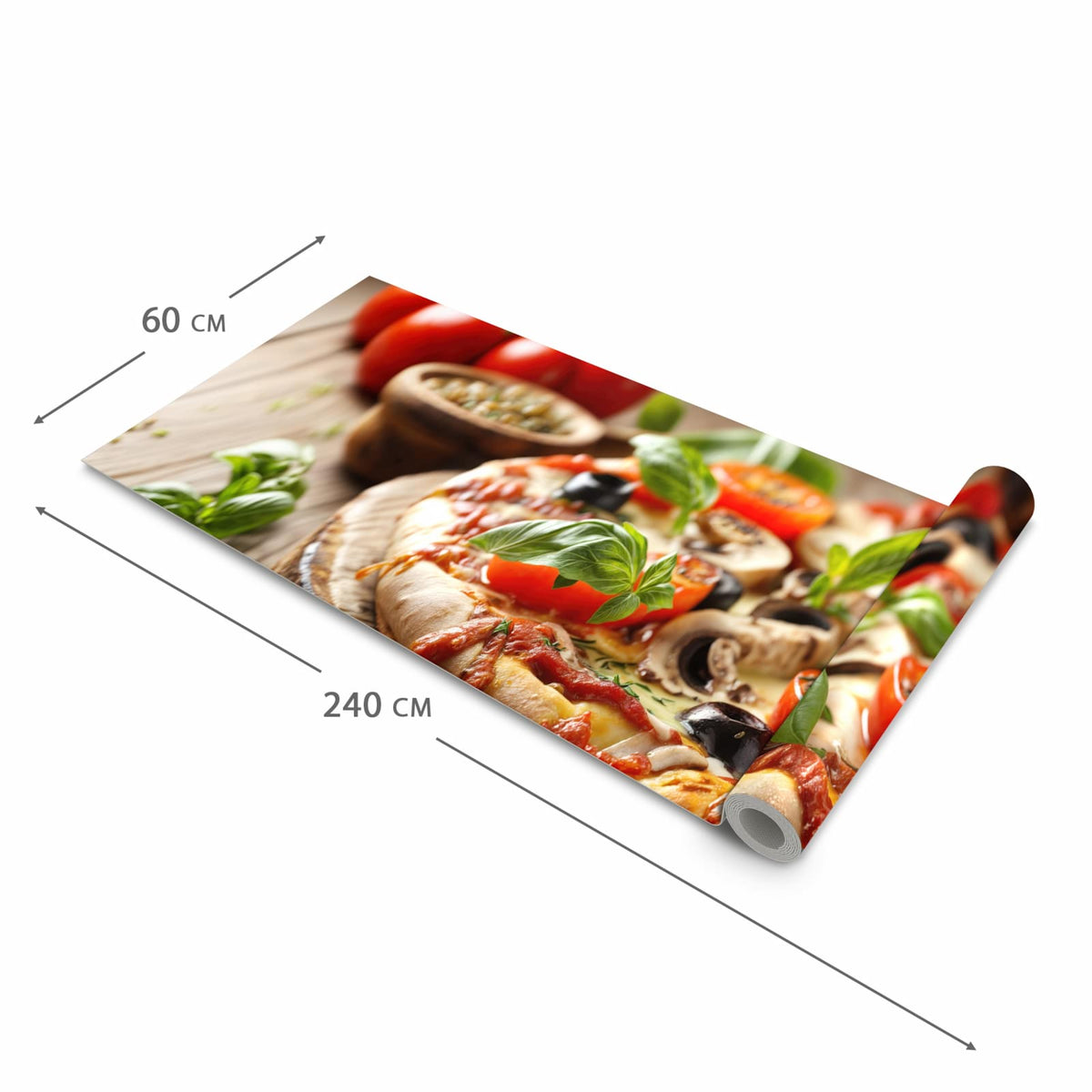 Flacher großer Küchenteppich mit Motiv Pizza im Holzofen in der Größe 60x120 cm