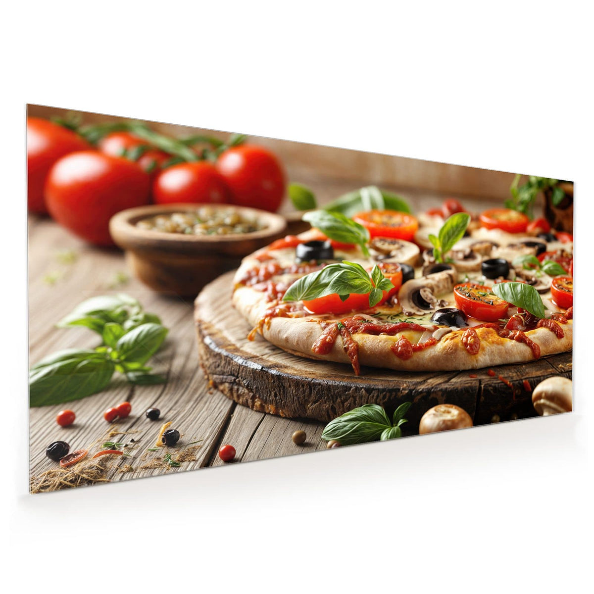 Küchenrückwand aus Glas im Hochformat mit Motiv Pizza auf Holzbrett: Gemüsepizza auf einer rustikalen Holzscheibe, Basilikum und Tomaten drumherum, kein Ofen