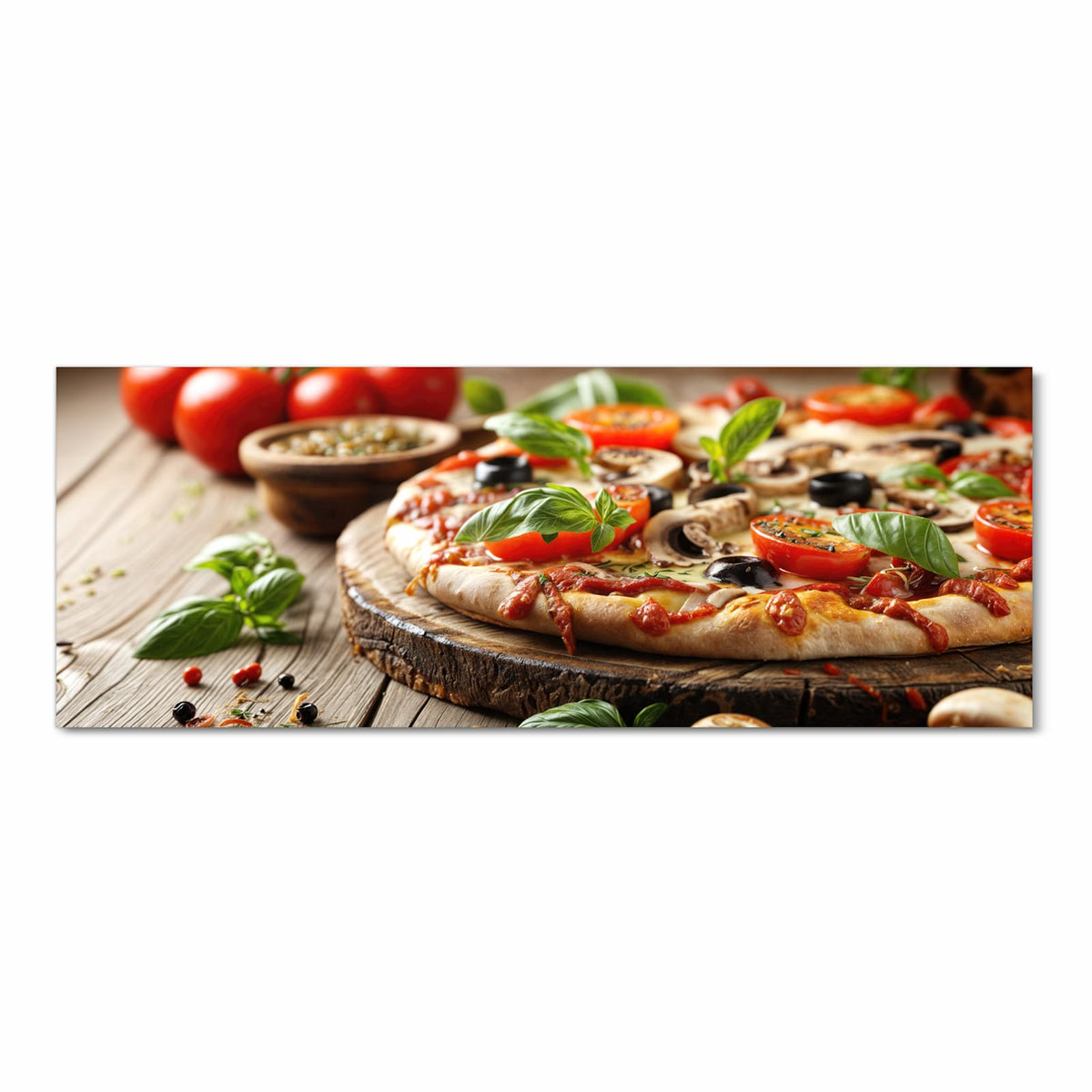 Geruchsneutraler Küchenteppich mit Motiv Pizza im Holzofen in Frontansicht