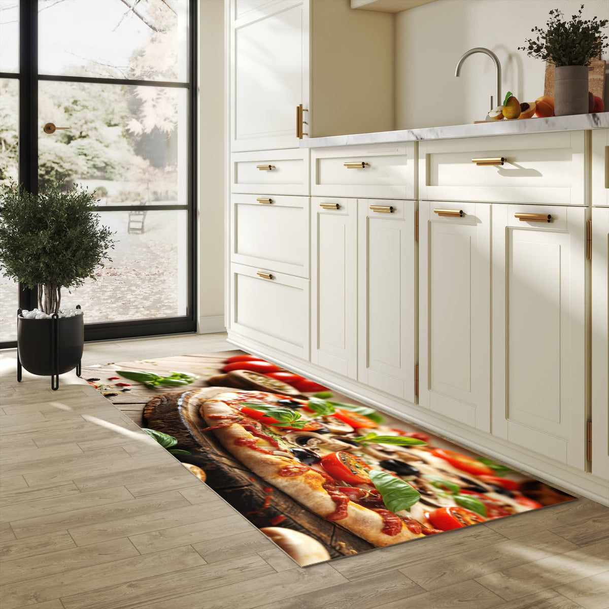 Geräuschdämpfender Küchenläufer mit Motiv Pizza im Holzofen in heller Küche