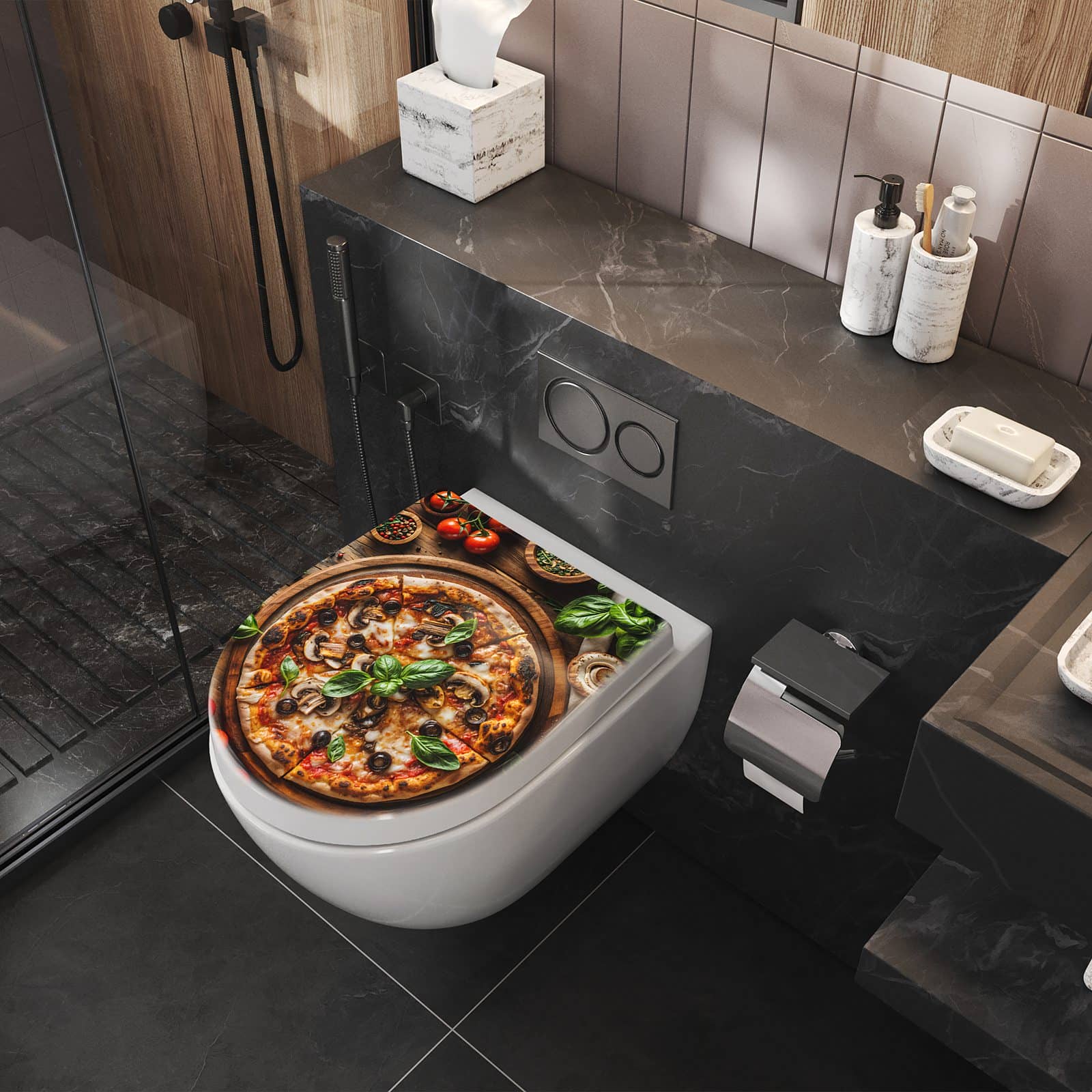 WC-Sitz mit Absenkautomatik Holztisch Pizza