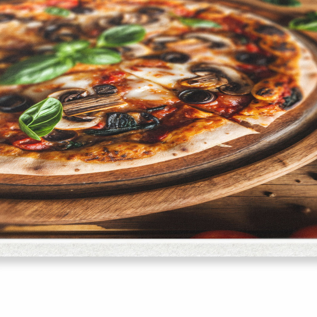 Zeitsparender Küchenläufer mit Motiv Holztisch Pizza in seitlicher Ansicht für lange Flure