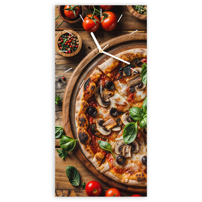 Wanduhr Holztisch Pizza aus Glas – Hochformat 30 × 60 cm mit Ziffernblatt Linie