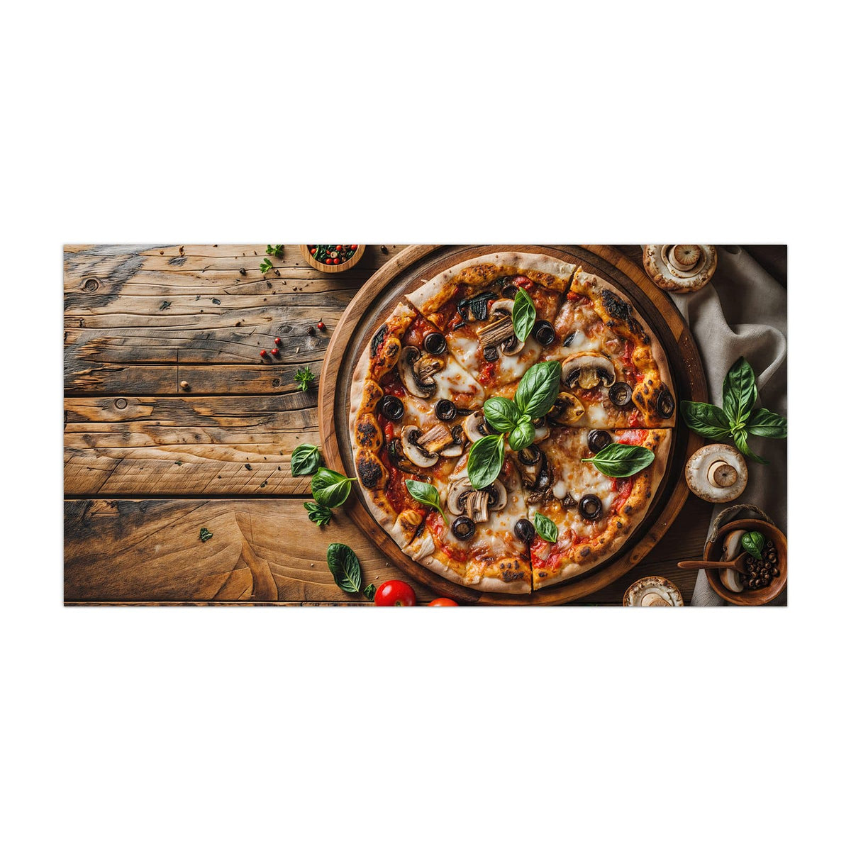 Küchenrückwand aus Glas Pizza mit Champignons im Hochformat, Motiv bildfüllend von vorn