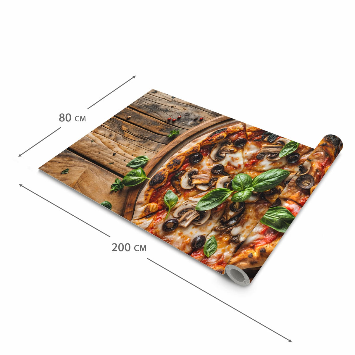 Küchenteppich mit Motiv Holztisch Pizza in der Grösse 90x240 cm für sicheres Aufbewahren