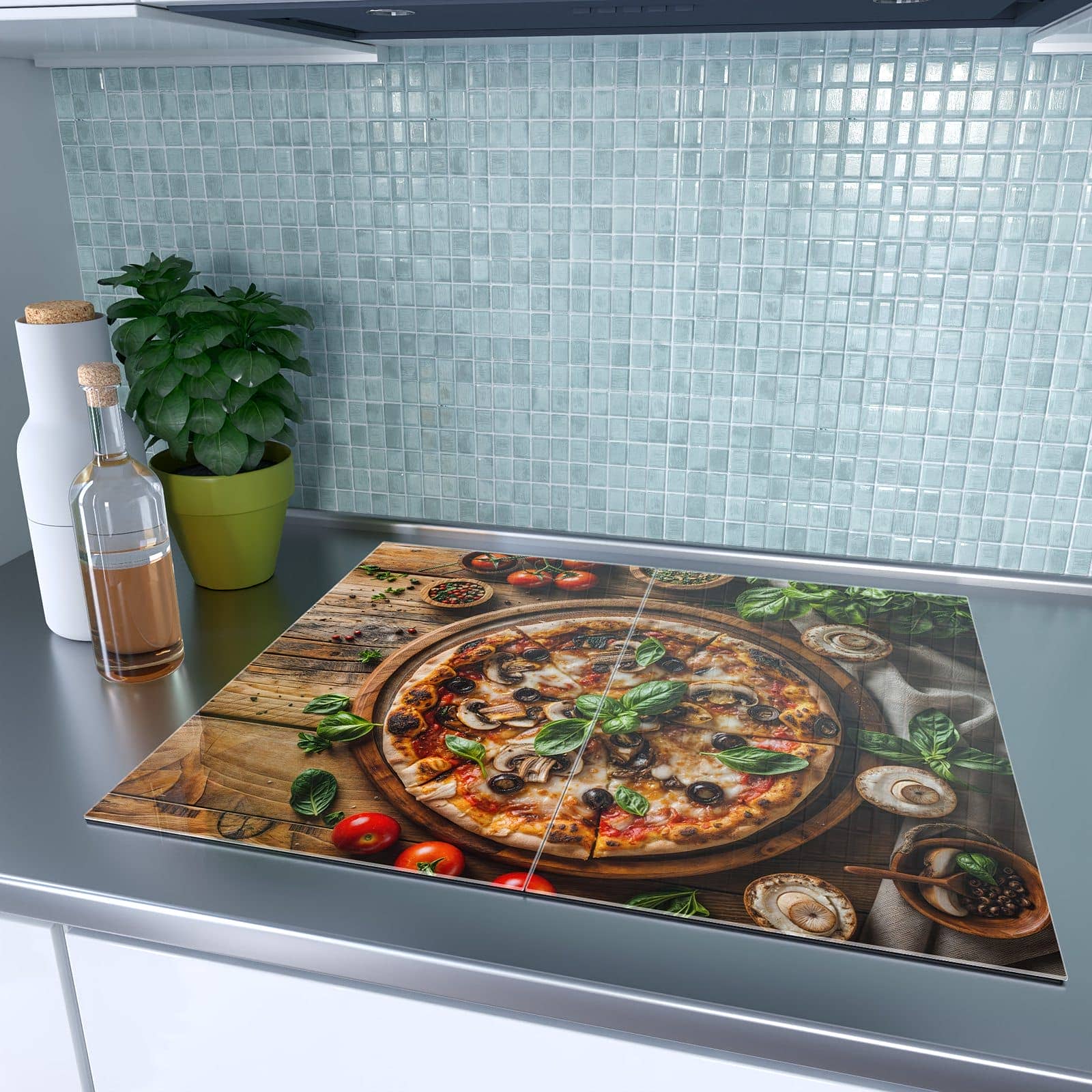 2-teilige Abdeckung für Herdplatte mit Holztisch Pizza-Motiv auf dem Ceranfeld