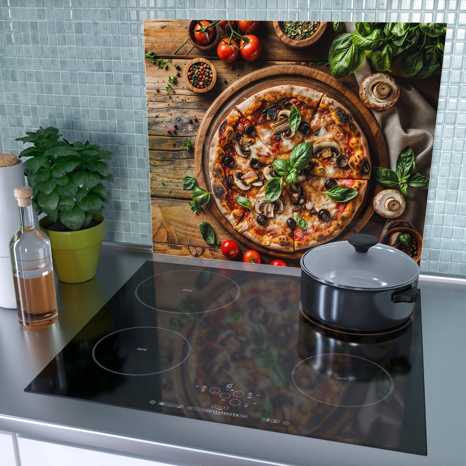 1-teilige Glasabdeckplatte für Ceranfeld mit Holztisch Pizza-Motiv als Spritzschutz hinter dem Kochfeld