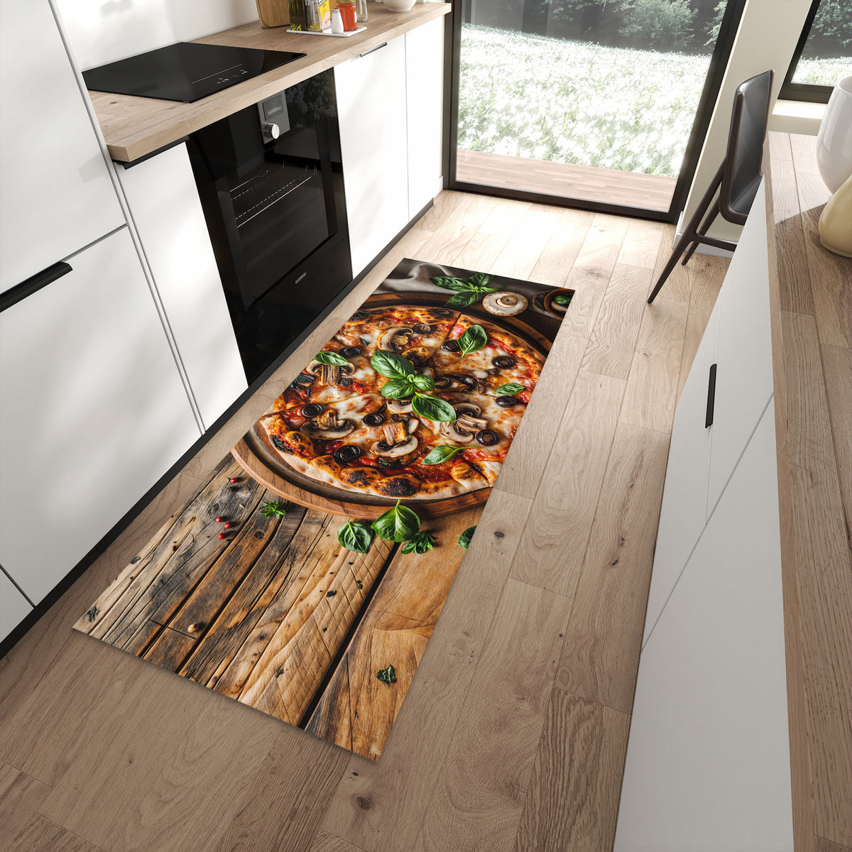 Formstabiler waschbarer Läufer für die Küche mit Motiv Holztisch Pizza in moderner Küche