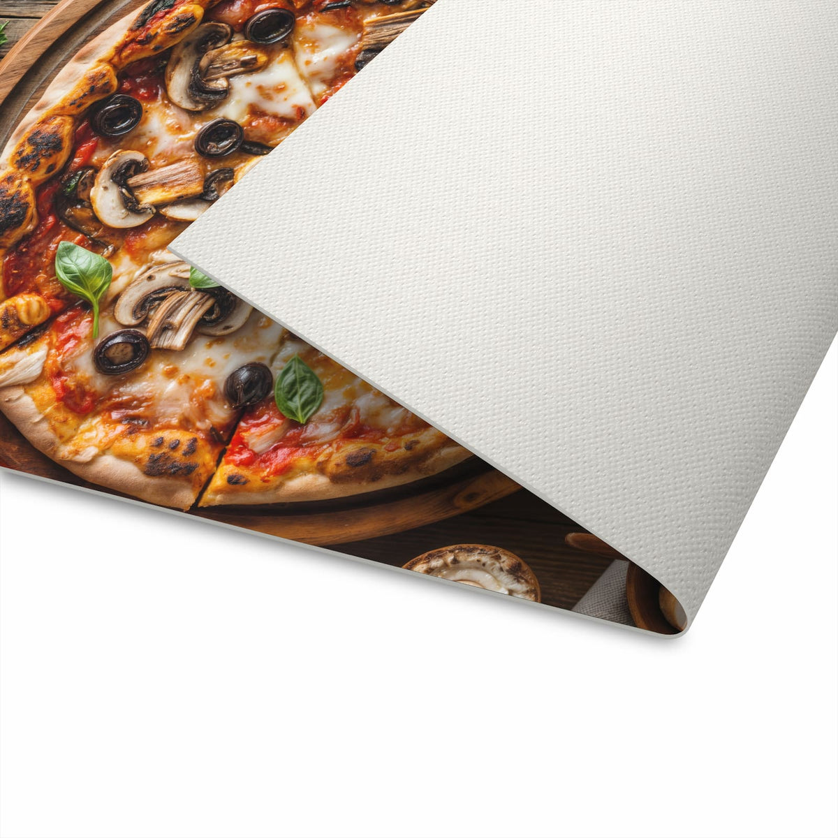 Hygienischer Küchenteppich mit Motiv Holztisch Pizza in moderner Küche