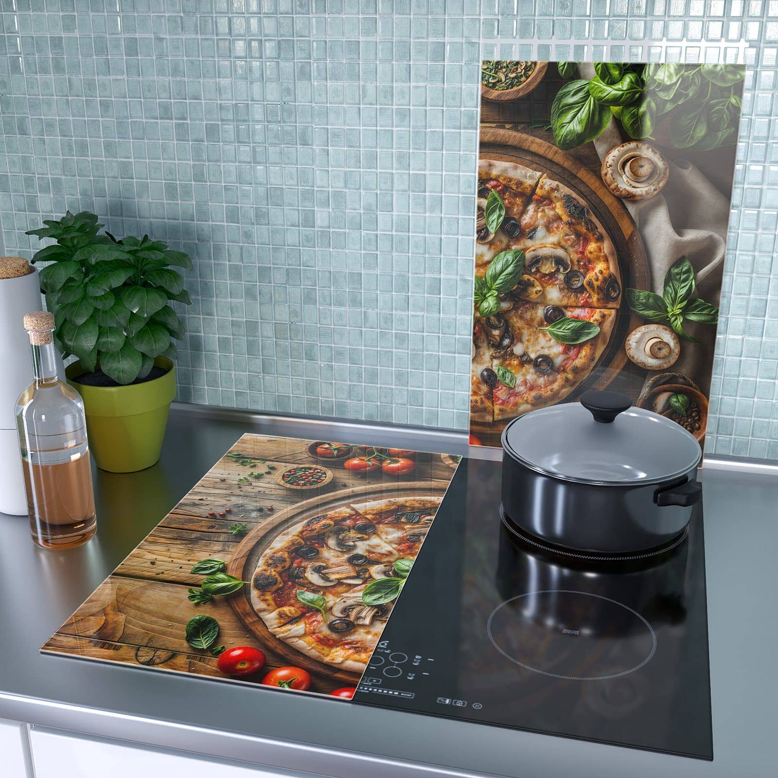 2-teilige Glasplatte für Herd mit Holztisch Pizza-Motiv als Spritzschutz hinter dem Kochfeld