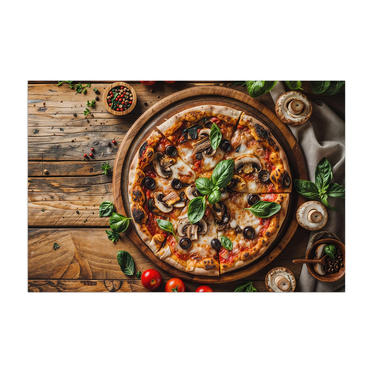Küchenrückwand aus Glas Pizza mit Champignons im Hochformat, Motiv bildfüllend von vorn