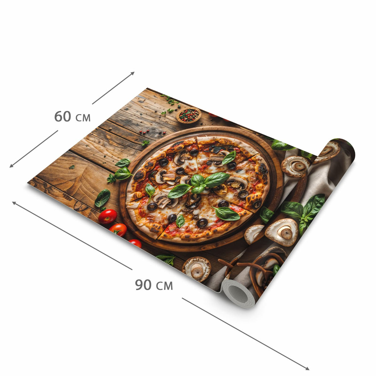 Formstabiler waschbarer Küchenteppich mit Motiv Holztisch Pizza in der Grösse 90x240 cm