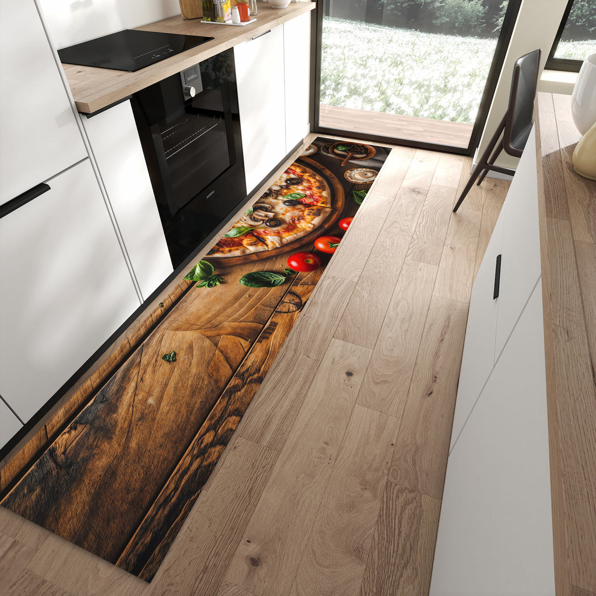 Bodenschonender Küchenläufer mit Motiv Holztisch Pizza in moderner Küche