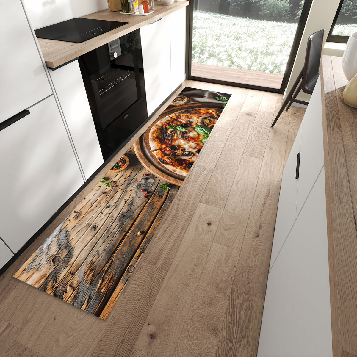Ordnungsschaffender Küchenläufer mit Motiv Holztisch Pizza in moderner Küche