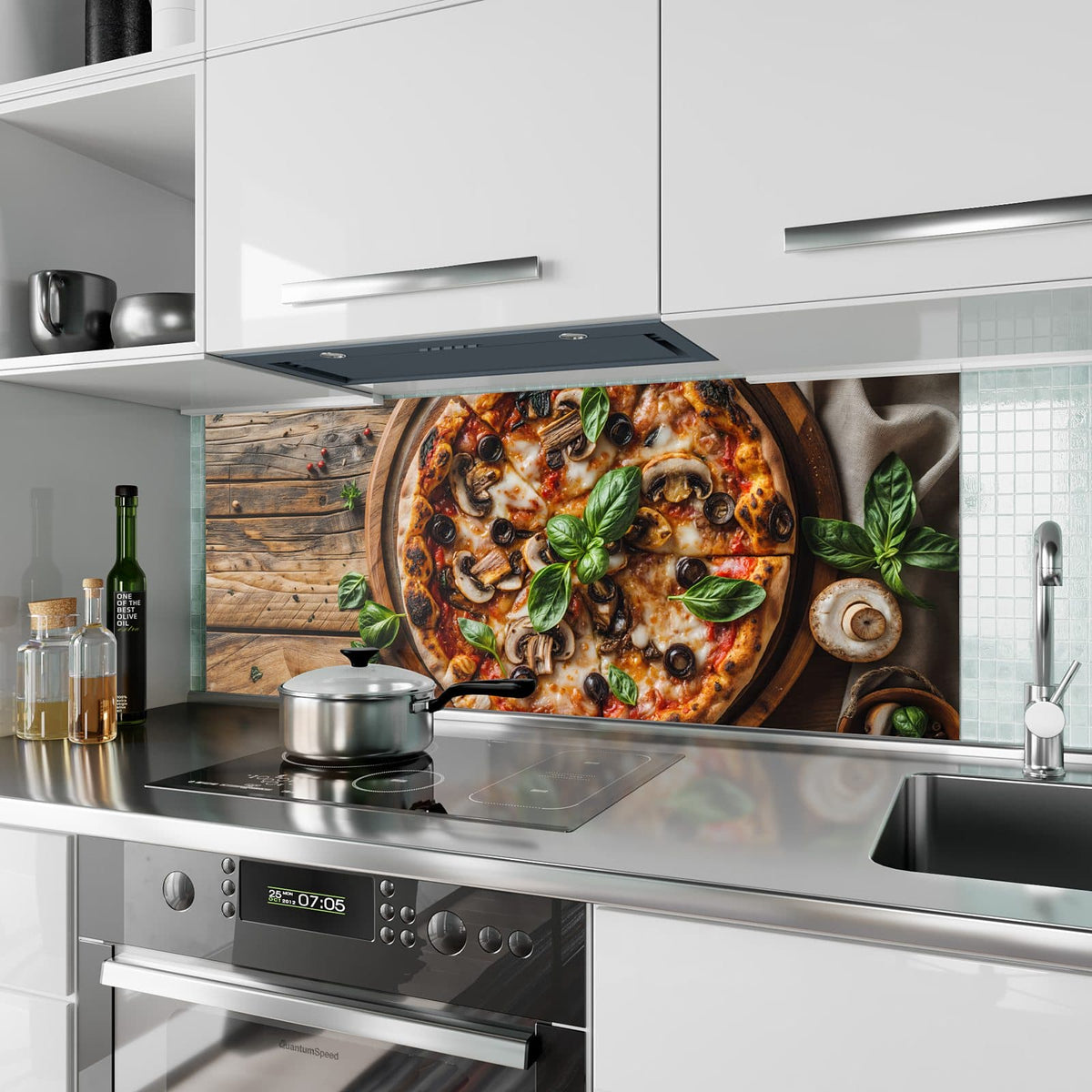 Küchenrückwand aus Glas Pizza mit Champignons im Hochformat als Spritzschutz hinter dem Kochfeld, über dem Fliesenspiegel montiert