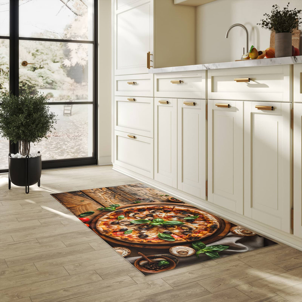 Küchenteppich mit angenehmer Haptik und Motiv Holztisch Pizza in heller Küche, waschbar