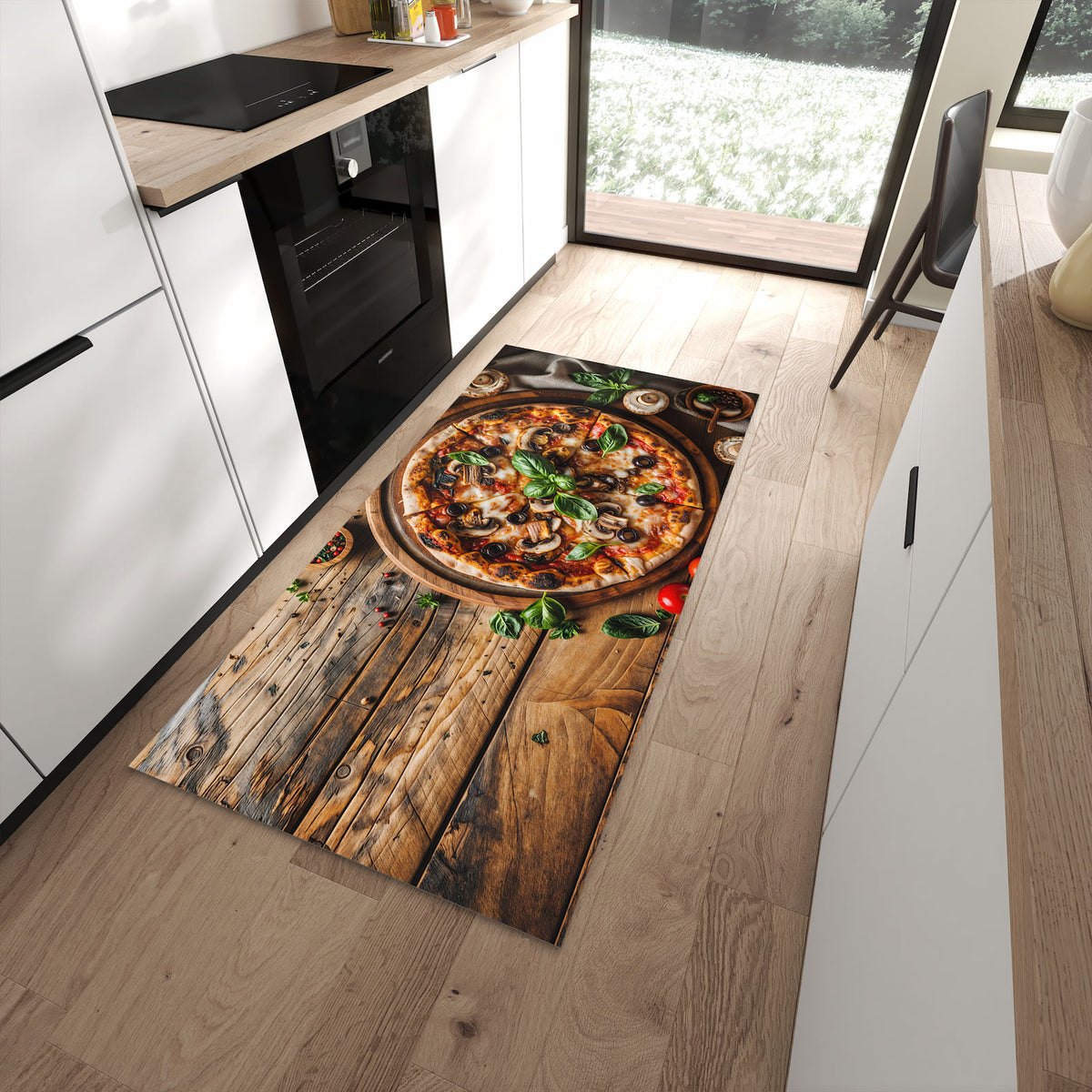 Abriebfester rutschfester Läufer mit Motiv Holztisch Pizza in moderner Küche
