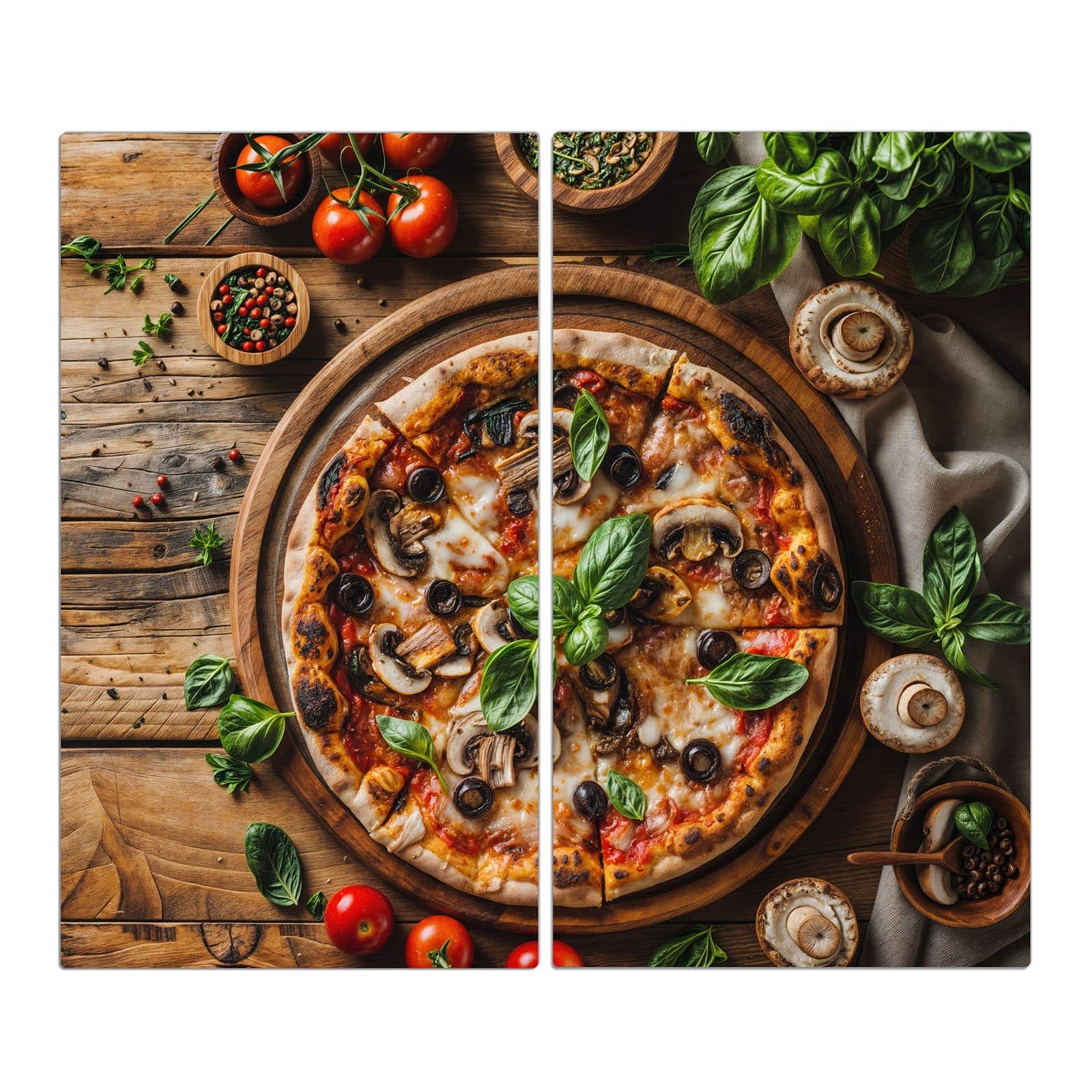 2-teilige Herdabdeckplatten aus Glas mit Holztisch Pizza-Motiv in der Frontansicht