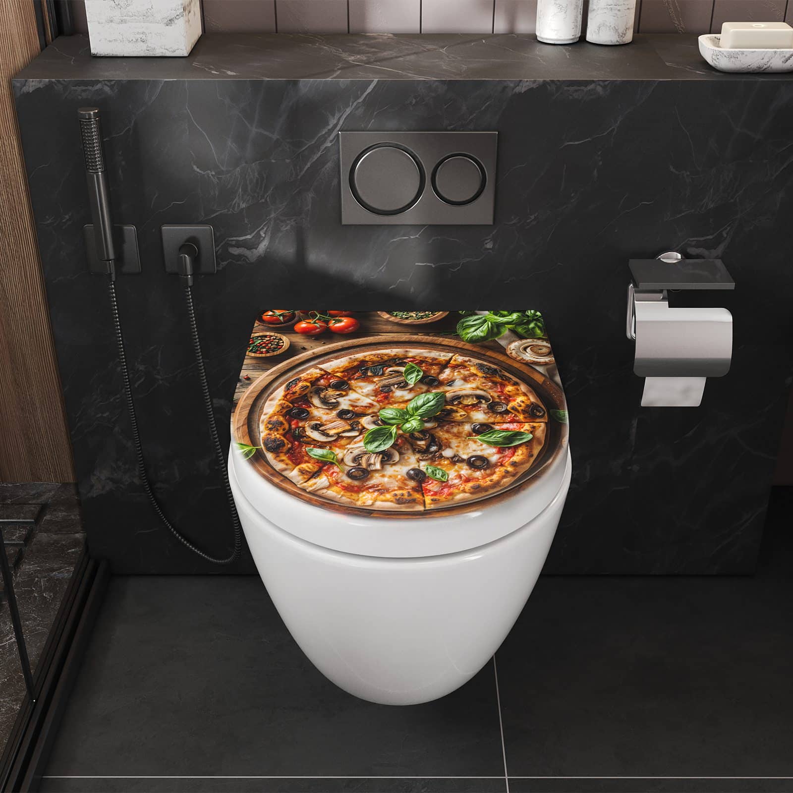 WC-Sitz mit Absenkautomatik Holztisch Pizza